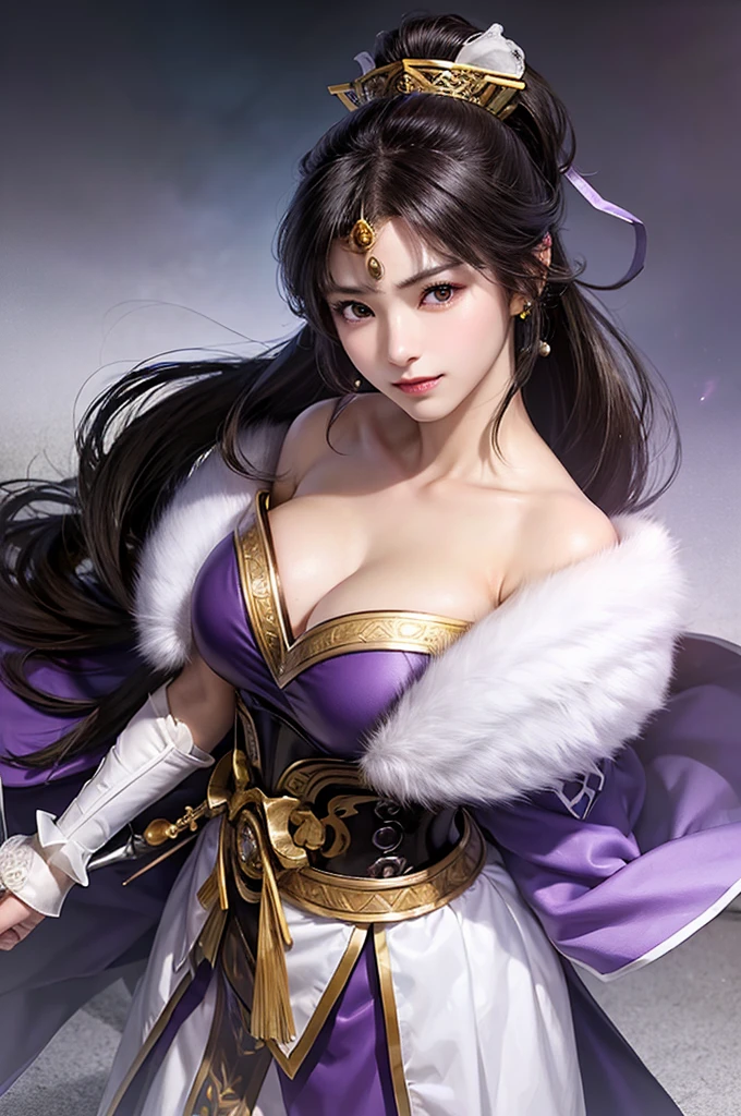  in armor and a purple cloak, 1 person, Cute Ponytail , large breasts and crevage , highly detailed face and skin texture, stare at the camera, perfect beauty: 1.4, fine grain, double eyelids, Whitening, best quality, ultra high resolution, simple background,, Chinese Warrior