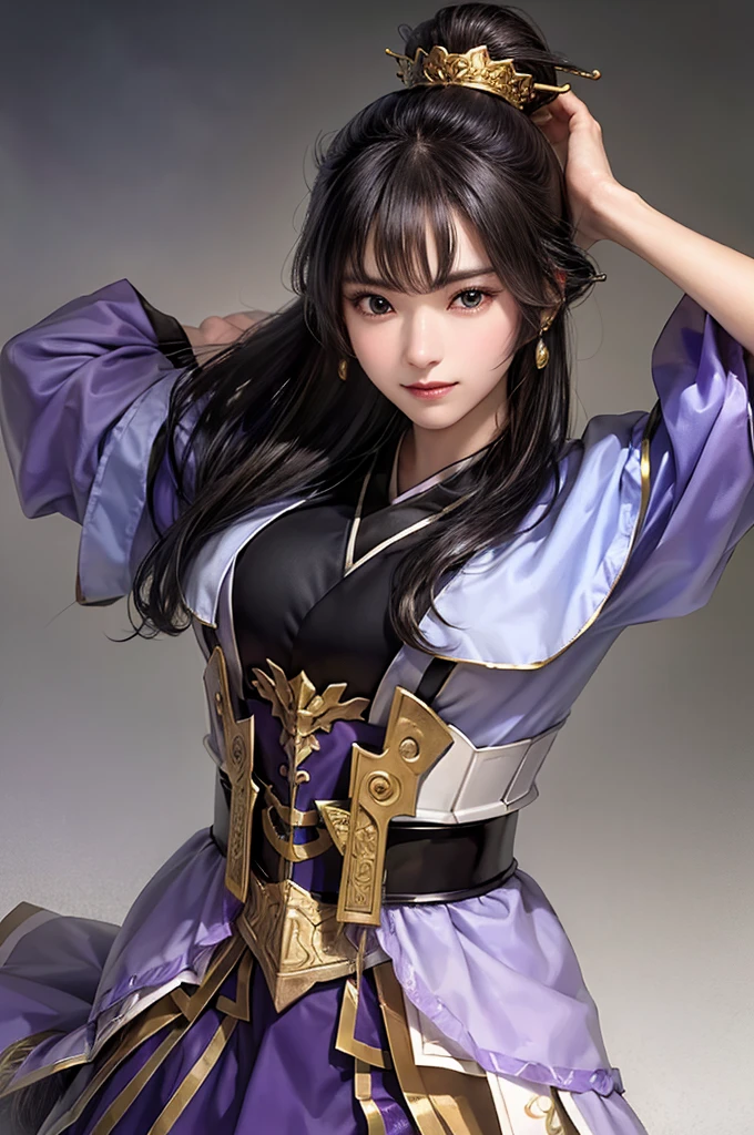  in armor and a purple cloak, 1 person, Cute Ponytail , large breasts and crevage , highly detailed face and skin texture, stare at the camera, perfect beauty: 1.4, fine grain, double eyelids, Whitening, best quality, ultra high resolution, simple background,, Chinese Warrior