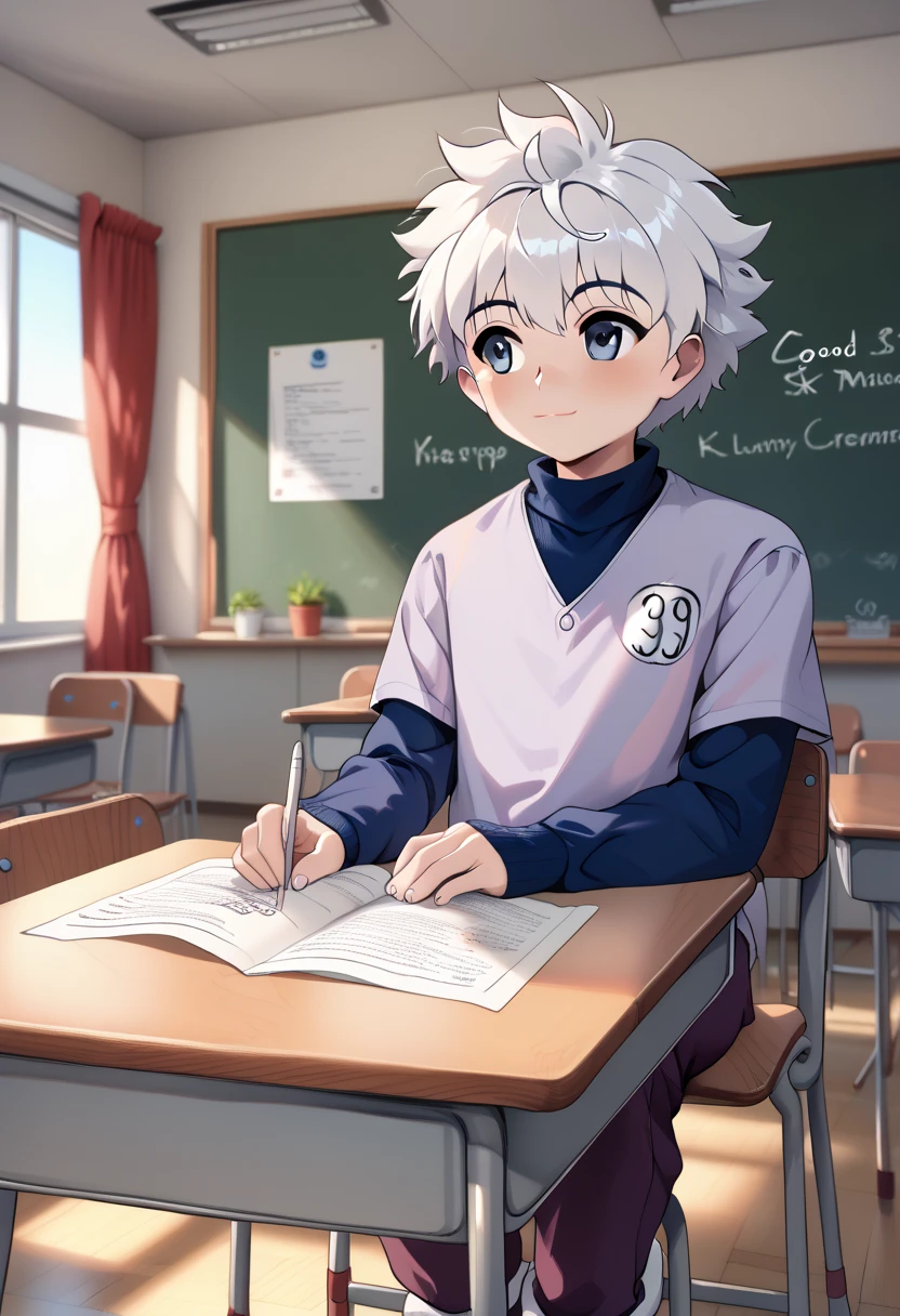 Coolness. And photorealistically high quality. good illustration,classroom,lying on table,detail real texture skin, (killua)., , (Detailed texture rich contrast). Nice illustration.,,shota,short height  body. Cute killua boy.,dynamic angle,looking  at away,,(clothes ,. 
,)detail eyes,,,white hair,slender body,cute face.