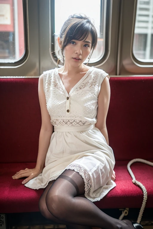 (masterpiece,  best quality, 8k,  RAW photo, beautiful、 Aesthetic :1.2),   intricate detail dealing with 3 tentacles, indirect lighting, Realistic,
whole body,  sitting on a train chair、 the audience、Peeking、
   square neck button down linen sundress, ( Ultra Realistic Pantyhose)、
  training woman ,  Chair that you can sit on under your skirt,