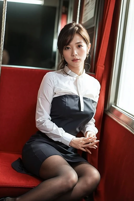 (masterpiece,  best quality, 8k,  RAW photo, beautiful、 Aesthetic :1.2),   intricate detail dealing with 3 tentacles, indirect lighting, Realistic,
whole body,  sitting on a train chair、 the audience、Peeking、
   square neck button down linen sundress, ( Ultra Realistic Pantyhose)、
  training woman ,  Chair that you can sit on under your skirt,