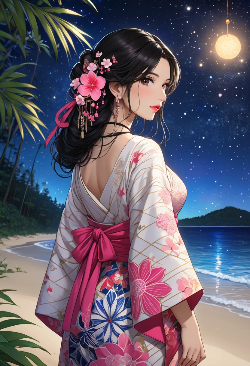 (masterpiece,  best quality, 8k,  high definition ),  one beautiful woman wrapped in hachimaki ,  beautiful face,  beautiful brown eyes , Beautiful pink lips,  black hair, Long Hair, look back, holding,  Long Sleeve ,  Necklaces ,  jewelry,  dress, (whole body), flower, A sandy beach with a view of the forest , A bright starry night,  Detailed Illustration Art , 