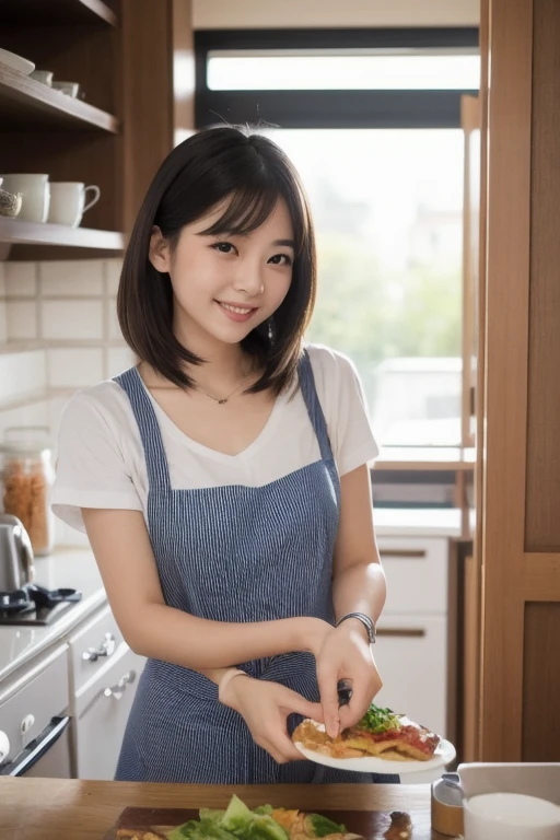 Naked with an apron、13.、kitchen、Elementary and junior high school students、masterpiece、smile、realism、Elaborate depiction