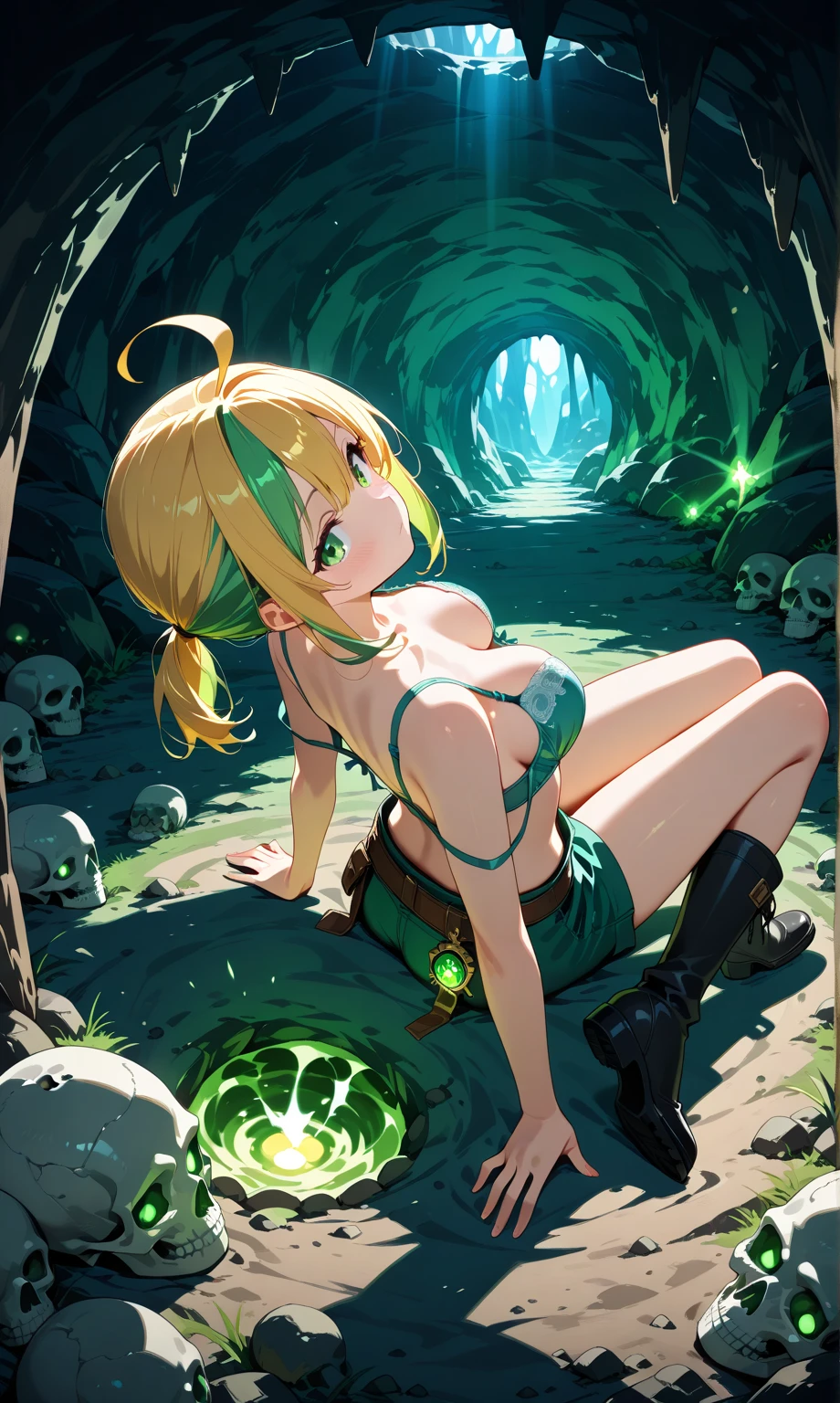 1girl, solo, green hair, yellow hair, ahoge, split-color_hair, long hair, ponytail, short ponytail, green eyes, breasts, BREAK, sitting, strap slip, bra, skull field, laying back, life like, high boots, (visual impact:1.2),inside (cave:1.2), masterpice:1.2, best quality:1.3, high detailed:1.1, absurdres:1.2, dramatic lighting:1.2, from above,
