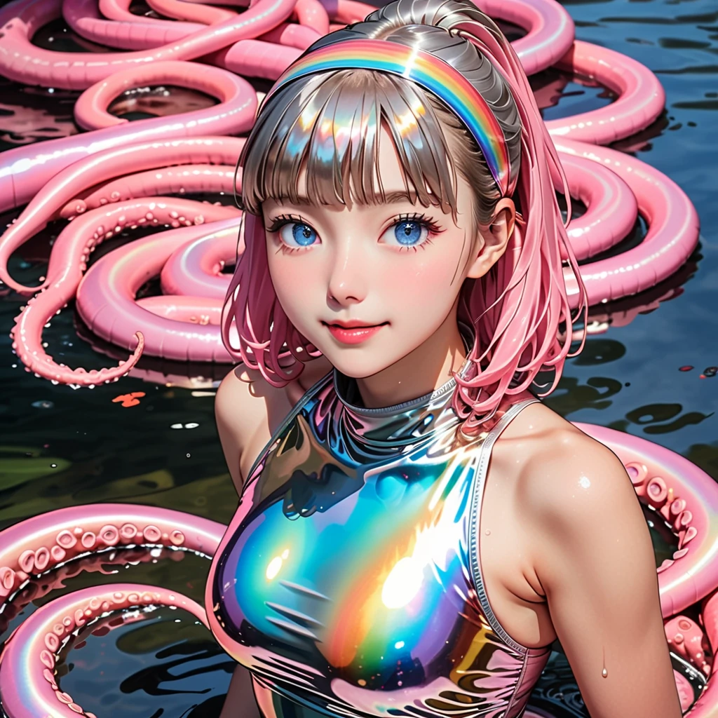 mulher de 18 anos de verdade, Cabelo rosa longo e olhos azuis, thick, shiny pink lips, she's on the ocean snorkeling train, no meio dos coraux, she is in the ocean, vestindo um traje de mergulho feminino rosa claro.