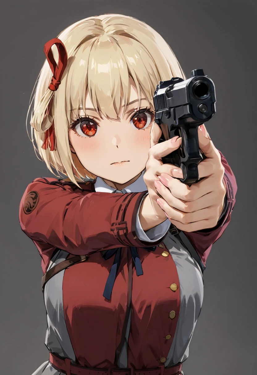 Masterpiece,Best Quality, absurdres,detailed reflecting eyes by professional digital painting, beautiful pretty cute small face, (1girl:1.3), nishikigi chisato, bob cut, hair ribbon,blonde hair,red eyes,lycoris uniform, two-tone dress, red dress, grey dress, neck ribbon, long sleeves, BREAK aiming at viewer, holding pistol, handgun