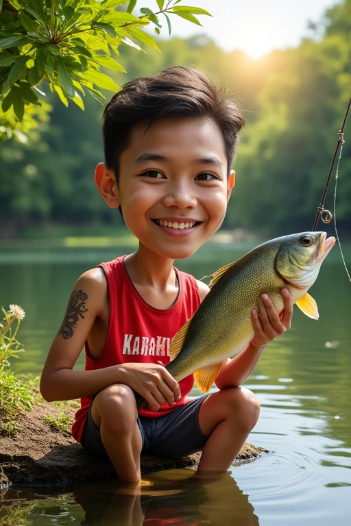 (((caricature style))),((big head size)),(realistic detail),(high quality), an indonesian man 35 years old, wearing a red sleeveless shirt written "Jasa Karikatur", dark brown skin, octopus tattoo in the arm sleeve, fishing in the edge of a lake, sitting while  some of his feet went into the water,  hold a big tilapia fish with his hand in a fishing activity, forrest, fishing rod, full body, sunlight through the leaves. transparent small watermark written "octopussaga" on bottom left