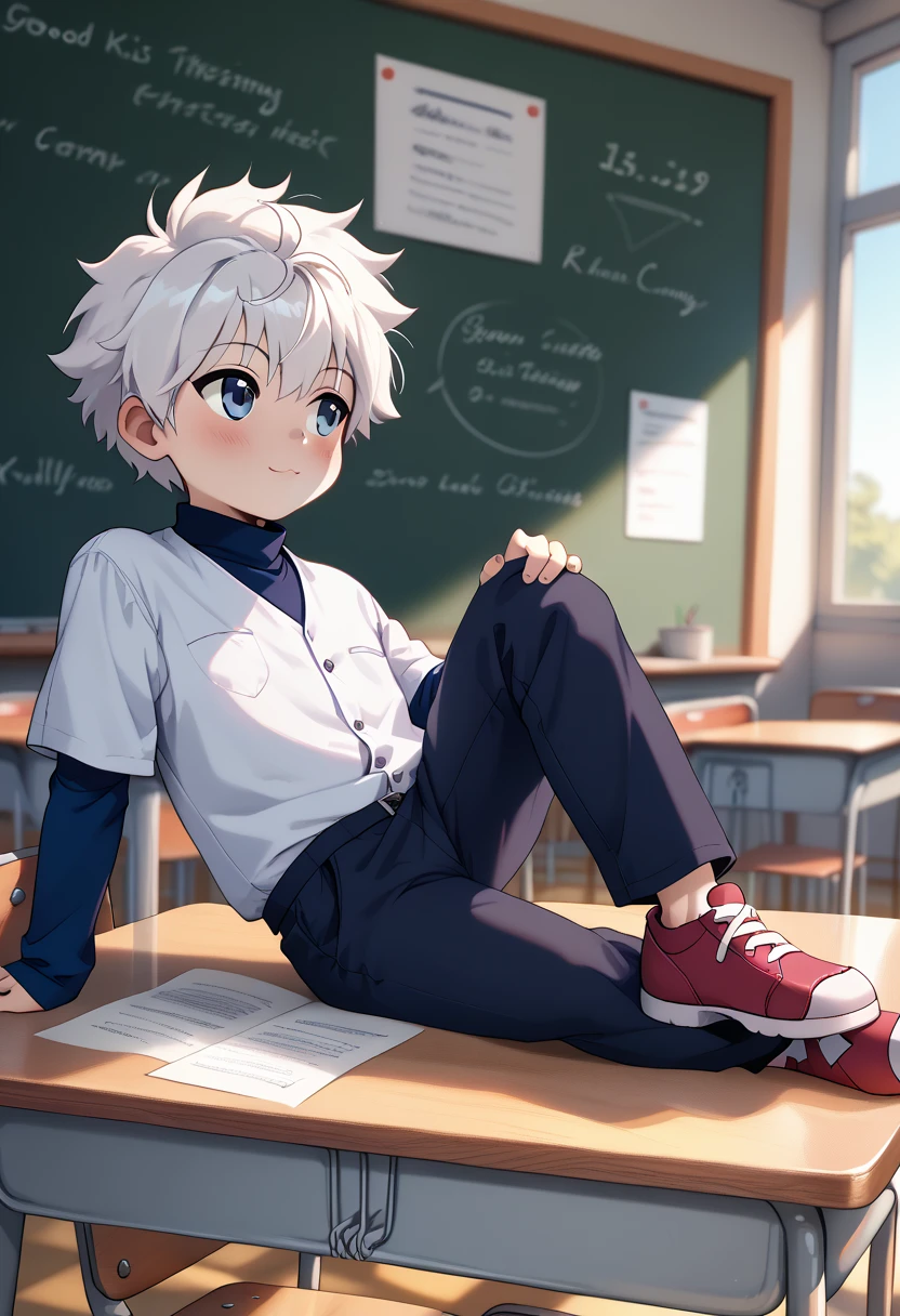 Coolness. And photorealistically high quality. good illustration,classroom,lying on table,detail real texture skin, (killua)., , (Detailed texture rich contrast). Nice illustration.,,shota,short height  body. Cute killua boy.,dynamic angle,looking  at away,,(clothes ,. 
,)detail eyes,,,white hair,slender body,cute face.