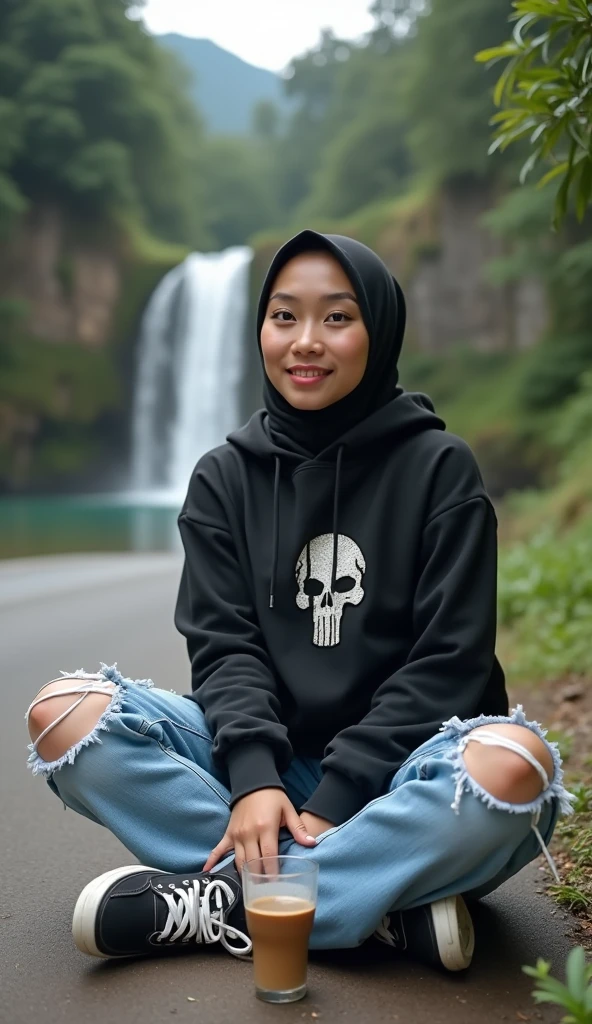 Beautiful Korean woman with white skin, wearing a white hijab, wearing a black knit hoodie with a white pattern, with the Santi logo, black jeans, boots, holding an iPhone, wearing a watch, near a cherry tree, with a background of cherry blossom trees, river, bridge, green grass , cherry tree, original photo