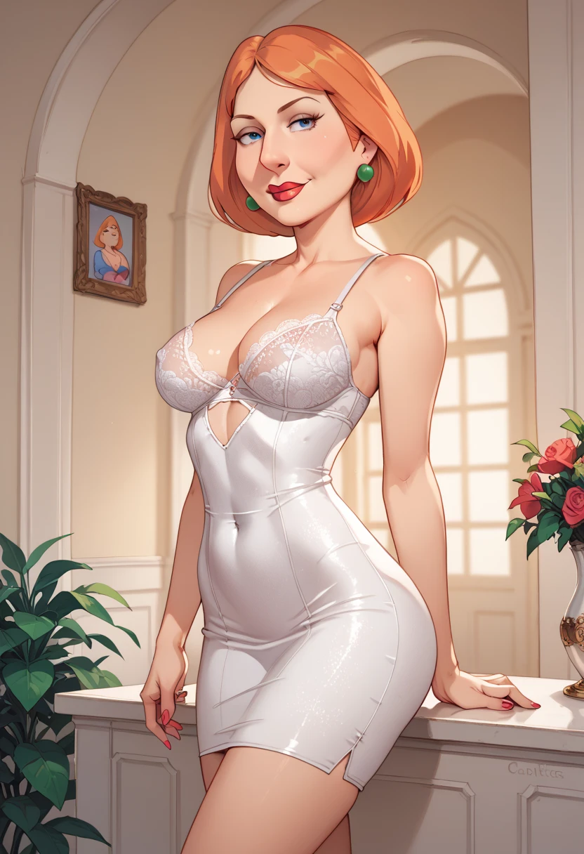 Lois Griffin. sexy,  tight dress , She wears lace lingerie underneath the dress 