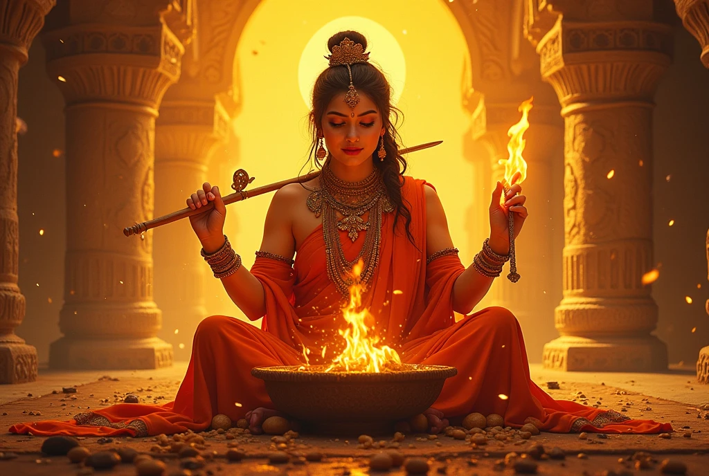 a beautiful Indian queen,dress in ancient indian,covering white and gold cloth, the fire is burning around her, Firestorm Photoshop Action work in her body,meditating inside a beautiful castle, Indian art, a lot of women serving women, sitting, praying,compassion, the fire is burning inside the castle, there is smoke, photography, oil painting, unreal engine 5, ultra-realistic, high detail, high resolution, 64k, UHD, widescreen, landscape." --auto --s2