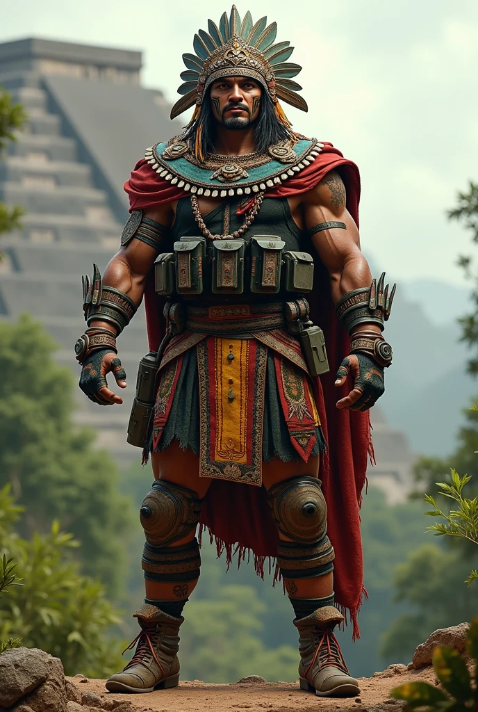Homem, centro americano, musculoso, Aztec Shaman's Clothing, fundo de uma floresta sombria, 4K resolution,
