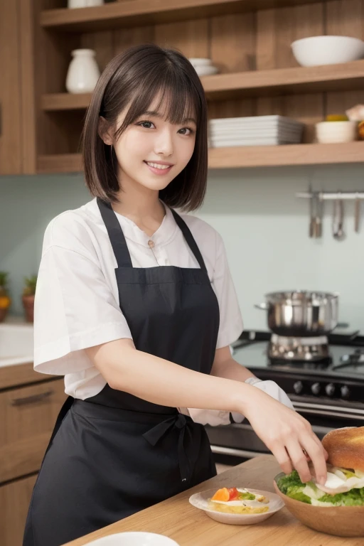  eyes that are drawn in, cute double , Mysterious woman wearing an apron and cooking, Ribbon on chest, T-Shirts, Inward-wound wave bob cut,  cute smile with blush, knot, The front hair is held in place with a hairpin, Good looking, Kind personality,  very detailed woman ,  detailed hair,  very detailed face and eyes , Eyes with asymmetrical sides , I'm handing over a smiley face ,  half up hair , Precise Representation,  thin lips with raised corners of mouth, Mouth details,  Natural Look  , Sloping shoulders, Accurate hand expression, Detailed feet, masterpiece,  ultra high resolution,  super quality, 32K,16k, 8k, Picture-smooth quality,  professional lighting,  perfect dynamic composition,  dynamic angle,  Natural Colored Lips,  ,  photos with wide cuffs on the wrist ,  photos with wide cuffs on the wrist のようにGenuine, Original photo, Shiny Hair,  Glowing Skin ,  MODEL BODY TYPE  , Genuine, Japanese woman , university student, Very beautiful,  Japanese idol ,  big ribbon, Natural Expression,  skirt, break,  Delicious hot sandwich , Breakfast is being served , Good cook ,  happily cooking food , The dishes are organized on the shelves,  lettuce and tomato sandwiched between them, Specialty food, A confident look, Gentle and soft vibe as authentic as unvolumizing ,  counter during payment, plain bracelet, 