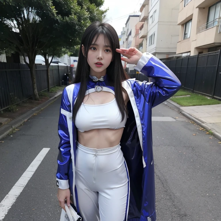 cyber punkの女の子、デジタルcyber punkアート、(デジタルcyber punkアート)、Ultra high definition、masterpiece、correct、Anatomically correct、Textured skin、Very detailed、High detail、high quality、最high quality、High resolution、8k、Raw photo、whole body、Beautiful Teenage Woman、One Japanese woman、Big beautiful eyeedium chest、Brown hair semi-long hair、((cyber punk))、(((robot)))、(((metallic)))、((Blue short zip-up hoodie))、((White tube top))、((White wide cargo pants))、((HIPHOP dance pose))、Neon city at night