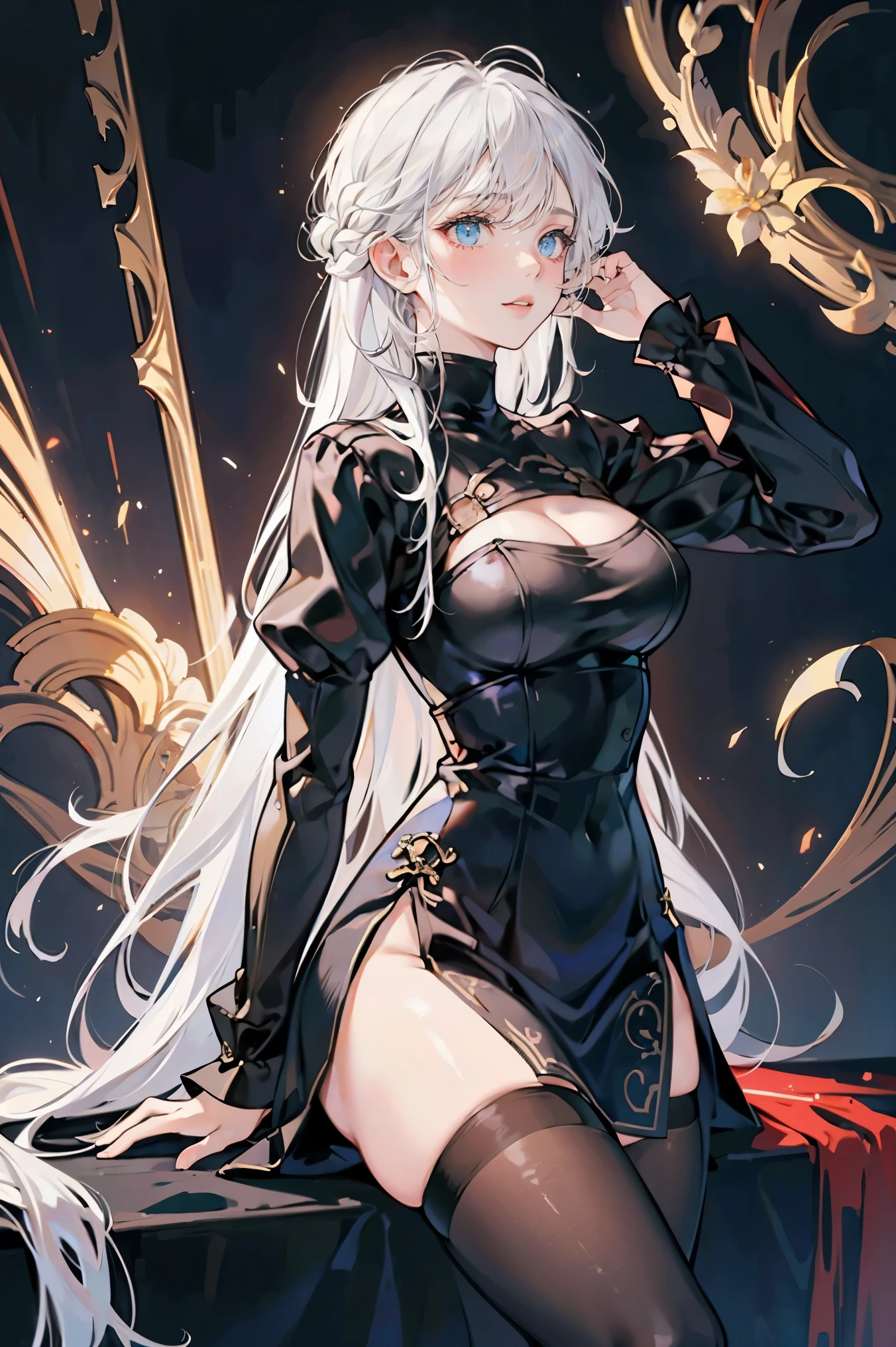 One Girl, Solo, ((Large: 1.4)), ((Hi-Res)), ((Maste Piece)), ((Best Quality)), (Very detailed)), Large_filesize, fully colored, Detailed background, Long white hair, Red Eyes, (eye line), Night, (red frill),(Black spats),(detailed black bodysuit and gothic lolita fashion with gold embroidery)1.1, (body suit, Ruffled decoration, gold line), Side tulle lace, from behind and be