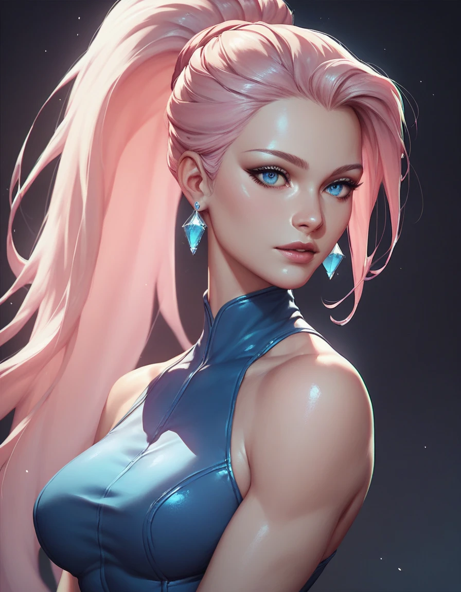 female sleeveless dark blue bodysuit, bare shoulders, racerback, bare toned arms, beautiful faces, pink ponytail with showing forehead, long ponytail, earrings, soft smooth skin, pale skin, black background, blue eyes, sci-fi, high contrast