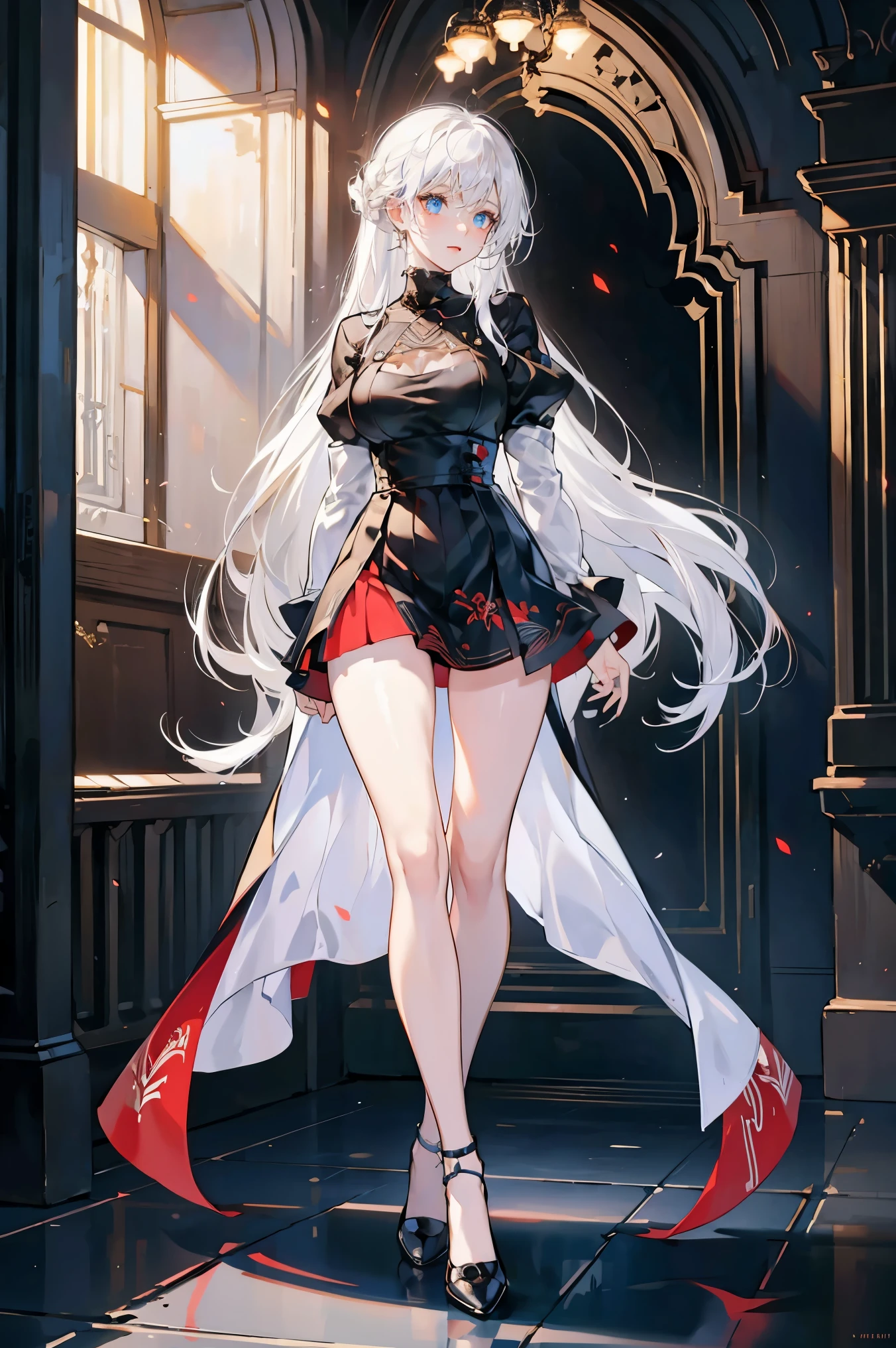 Score_9, score_8_up, score_7_up, score_6_up, masterpiece, best quality, absurdres, cinematic, full body shot,
Yorha Type A No. 2,
1woman, young adult, (very long hair, white hair:1.2), bright blue eyes, large breasts, wide hips, pale skin, slim waist, Chili pepper print skirt,