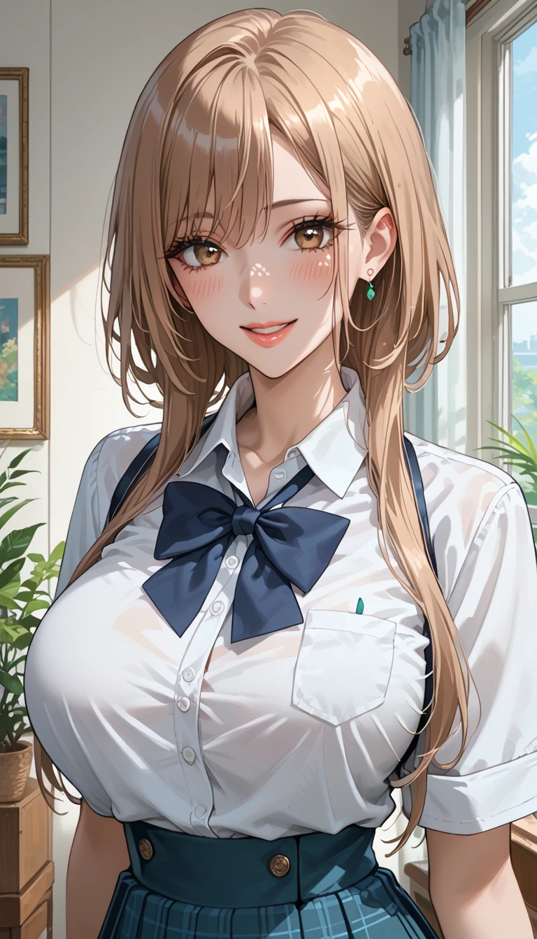 score_10_up ,score_9, score_8_up, score_7_up, score_6_up,source_anime,masterpiece,best quality,beautiful detailed eyes, pale brown eyes ,beautiful detailed lips, extremely detailed eyes and face, long breasts, 1 woman, Smile, school uniform, large breasts, tight waist, stylish body, room, ecstatic expression, flushed face, Take a picture of the back