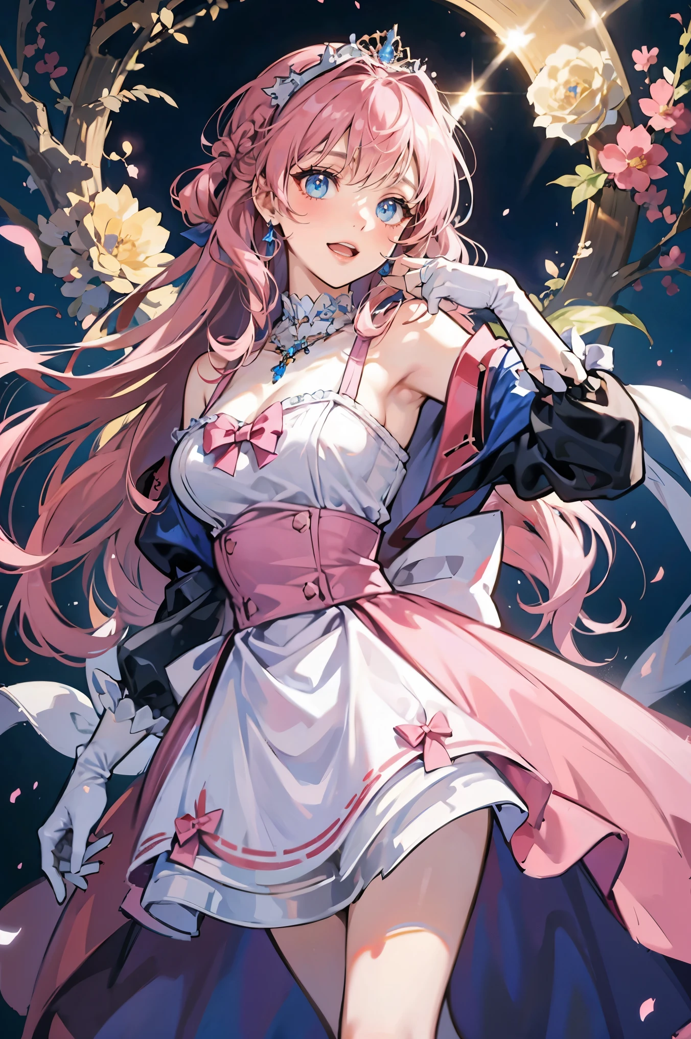 (artist:onineko:0.826446),artist:hito komoru,(artist:reoen:0.826446),artist:machi,(7769:1.21),
(artist:ningen_mame:0.9),(artist:ke-ta:0.6),,(hiten \(hitenkei\):0.6),
best quality,masterpiece, high res,original, beautiful detailed eyes,ultra-detailed, (bernadette villeburg), drill hair, long hair, very long hair, pink hair, blue eyes, hair bow, tiara, solo, dress, gloves, elbow gloves, open mouth, smile, bare shoulders, flower, white gloves, bow, blush, necklace, looking at viewer ,