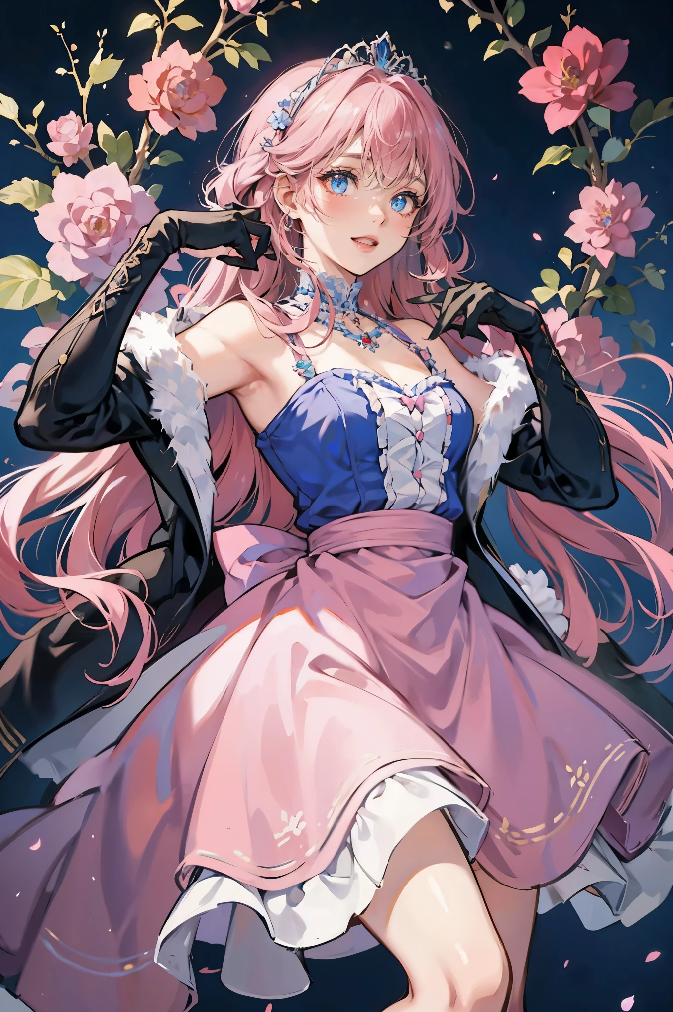 (artist:onineko:0.826446),artist:hito komoru,(artist:reoen:0.826446),artist:machi,(7769:1.21),
(artist:ningen_mame:0.9),(artist:ke-ta:0.6),,(hiten \(hitenkei\):0.6),
best quality,masterpiece, high res,original, beautiful detailed eyes,ultra-detailed, (bernadette villeburg), drill hair, long hair, very long hair, pink hair, blue eyes, hair bow, tiara, solo, dress, gloves, elbow gloves, open mouth, smile, bare shoulders, flower, white gloves, bow, blush, necklace, looking at viewer ,