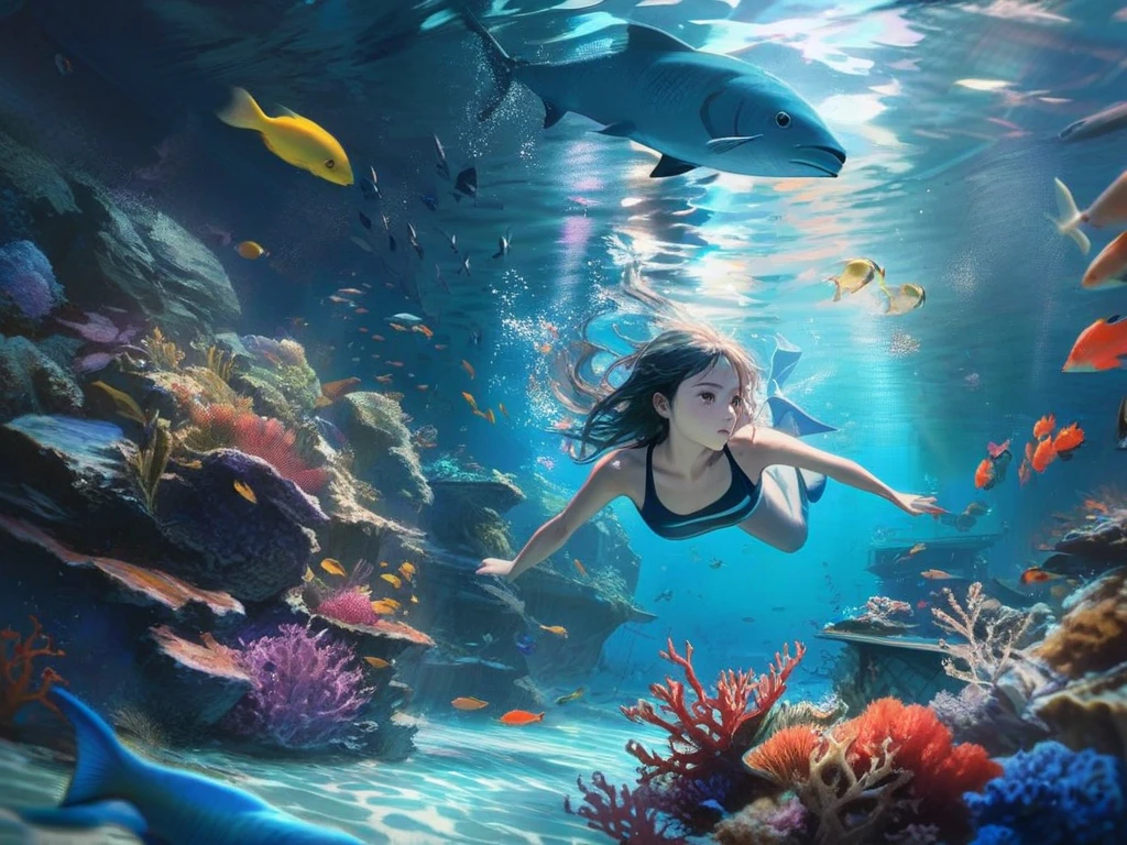 A Photograph of Bajau Laut, Southeast Asia: Capturing the nomadic life of the Bajau Laut people, this realistic professional and marketing photoshoot highlights their exceptional skill of free diving beneath the crystal-clear waters. The composition features a fierce and graceful diver effortlessly gliding through the turquoise depths, surrounded by a vibrant array of aquatic life. The color palette showcases vibrant blues and greens, drawing attention to the captivating underwater world and the rich culture of the Bajau Laut community, modern cloths