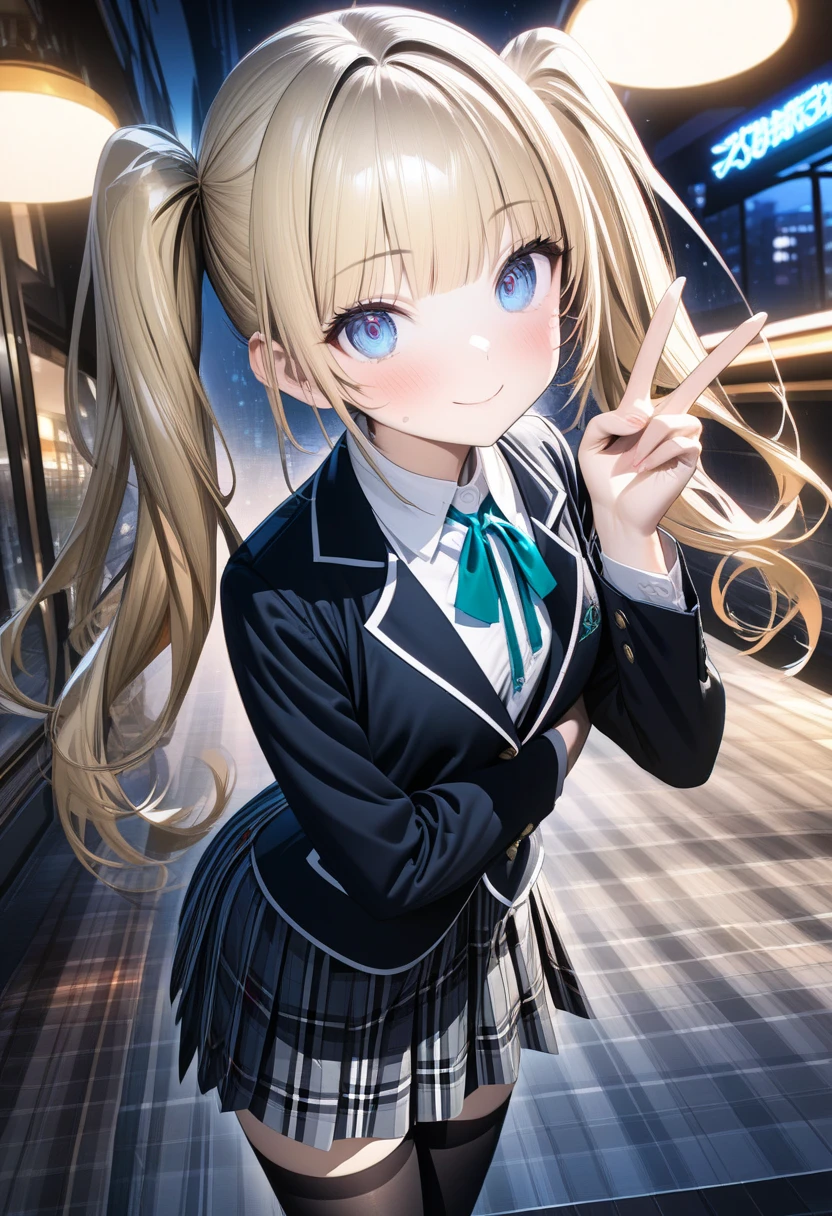 {{{Masterpiece, ultra detailed, 8k, best quality, novel illustration}}} 1girl, student uniform, plaid skirt , slender, Blonde, twin tails, blunt bangs, cute eyes, ultra detailed face,  blue eyes , nice smile, hand peace sign, black thighhighs, A bustling restaurant at night, white panties