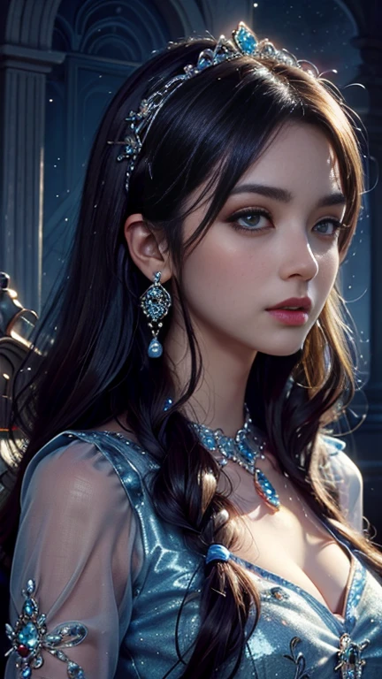 1 girl, good face, ultra long hair, detailed eyes, detailed lips, small breasts, (crystal outfit:1.5), translucent lace, (crystal ornament:1.5), (indigo crystal outfit :1.5), Take photos by the crystal, ultra-realistic realism, color field printing, high details, hyper HD, cinematic lighting, 4k quality,