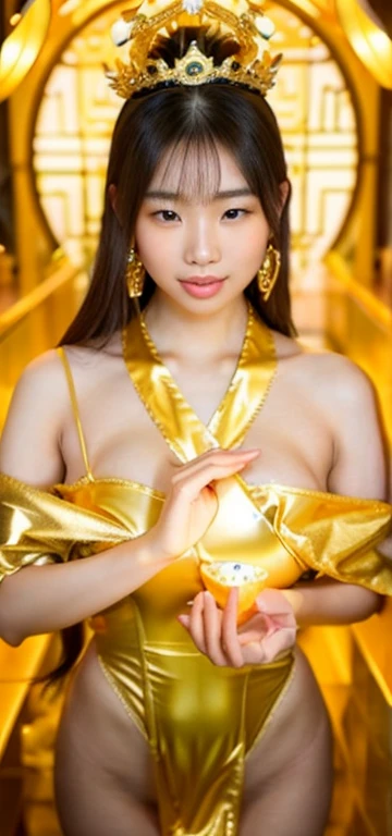  Beautiful Goddess， Beautiful Asian Woman     ，cute girl，beautiful woman in luxurious micro bikini      ，(Big Breasts:1.2)、 in a sexy gold bikini 、( a sexy golden bikini :1.4)、 {x}  ， wearing a gorgeous tiara adorned with jewels  、、With a bewitching smile、 Big Saggy     ，（  I will highlight my breasts    ，Exposing underboob）,    画面の  は  stares at the viewer      ,      your mouth is slightly open   ， she is so sexy ，  gold garter stockings     ，Golden ancient temple ，Golden shiny wall，Golden Altar，（     dark brown hair），  画面の  は  stares at the viewer      ，   your mouth is slightly open    ，   golden shining wall    ， stares at the viewer  ， please open your mouth slightly ， pale golden light shining through the background ，