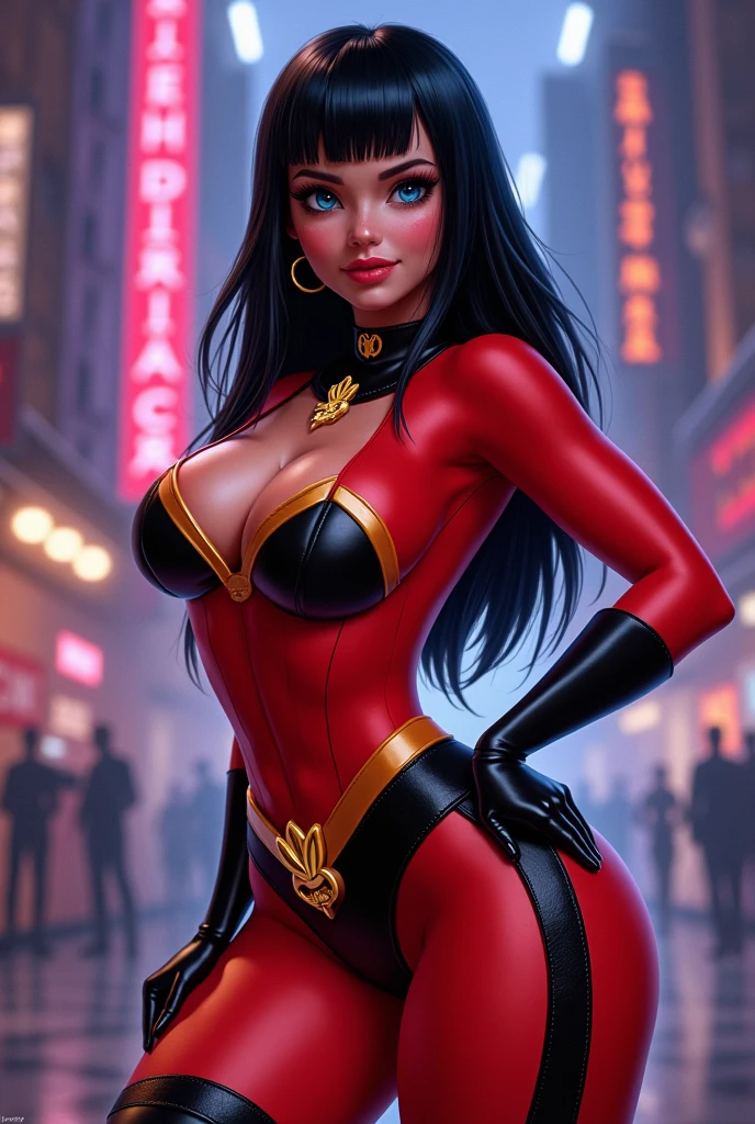 Girl macacão látex gold de frente de pé tênis branco ,Black long hair,Black Queen,accessories,Apple in hand,Poison apples,Witch Queen,Red lipstick , Masterpiece, high quality, high resolution, volumetric lighting, subsurface scattering, 8k, Beautiful woman, (morena olho azul skin), neon sky,cidade futurista neon, látex transparente vermelho, (large butt), large breasts, (long-sleeve blouse), (cotton-shorts:1.2), wavy
