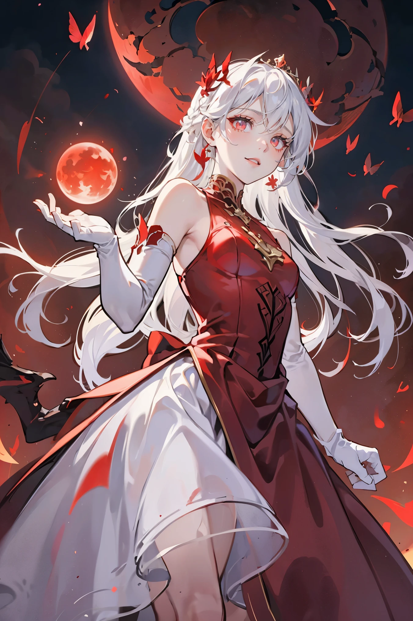 safe_pos, score_9, score_8_up, score_8, 1girl, white hair, himecut, red eyes, inviting, perfect eyes, detailed eyes, long hair, girl, small breasts, wide hips, solo, (from below:1.7), sleeveless red dress, beckoning, evil smile, dynamic view, standing, looking back, narrowed eyes, red butterflies, glowing butterflies, naughty eyes, night time, princess braid, gold tiara, white gloves, shoulder length gloves, blood moon, red night sky, glowing red eyes, sinister, balcony, architecture, princess, solo, red sky, evil