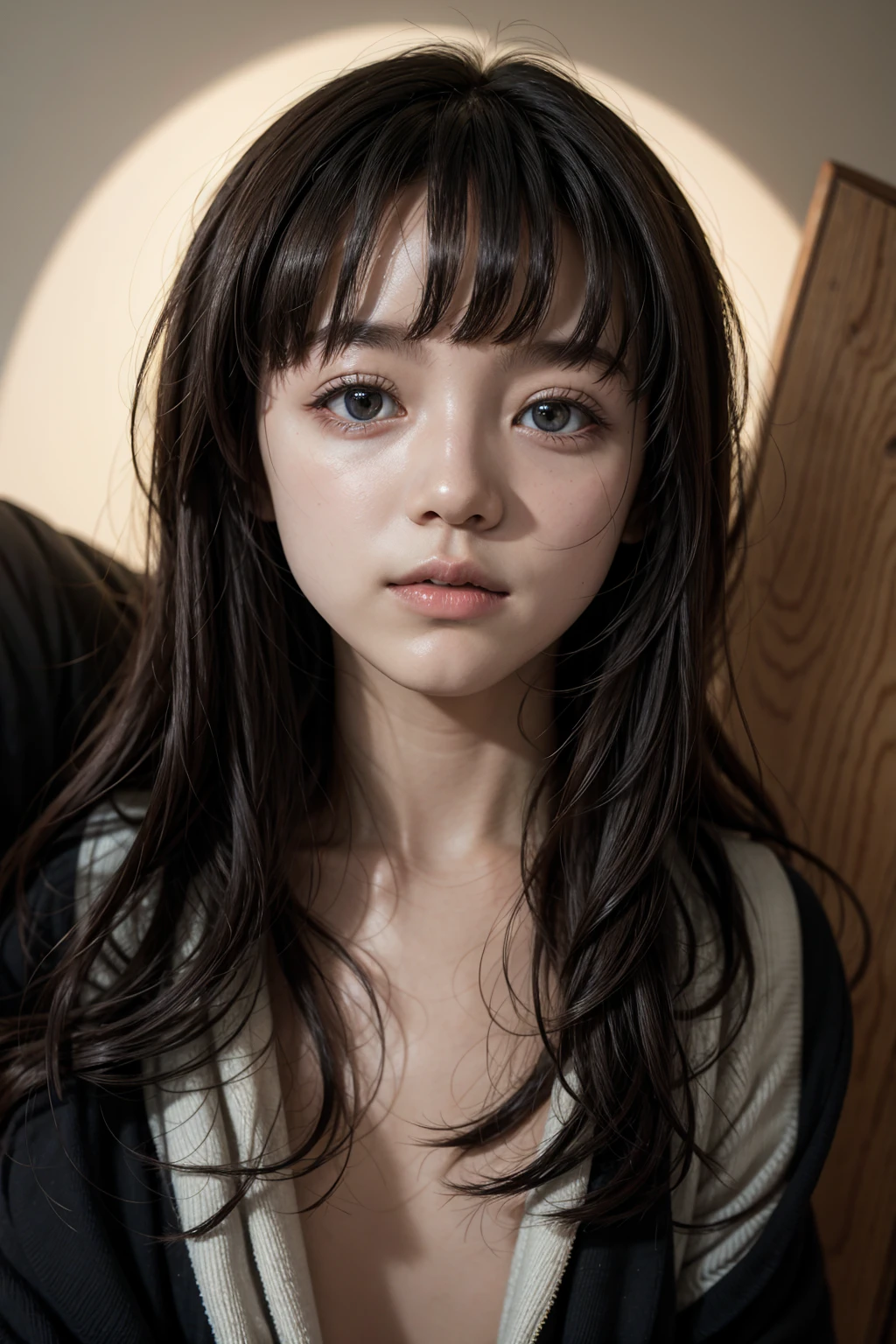 RAW photo, dynamic angle, highly detailed, soft light, 1girl, ((sweaty):1.1), pale skin, korean, 14 years old, innocent, sexy, mad, long hair, bright blue eyes, freckles, head tilted, black coats, on train at night, 8k, masterpiece