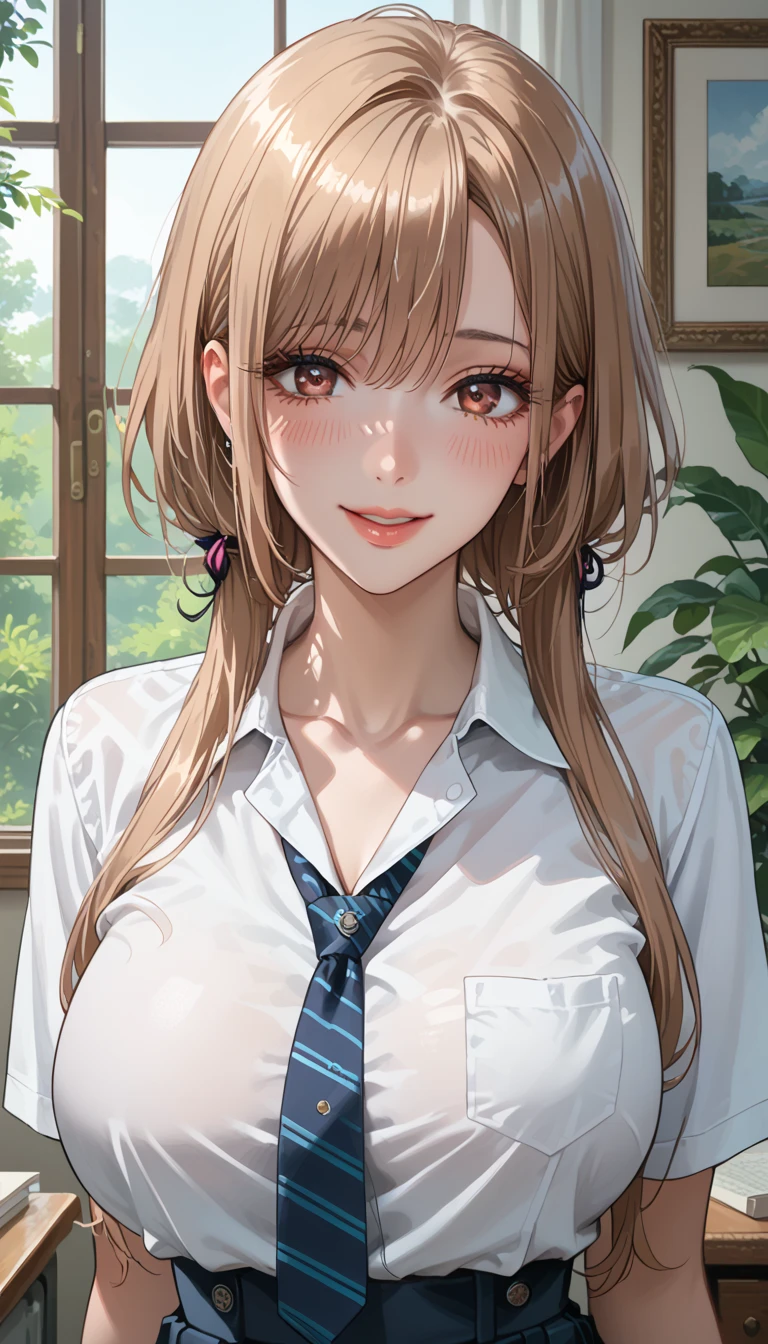 score_10_up ,score_9, score_8_up, score_7_up, score_6_up,source_anime,masterpiece,best quality,beautiful detailed eyes, pale brown eyes ,beautiful detailed lips, extremely detailed eyes and face, long breasts, 1 woman,shy, Smile, school uniform, large breasts, tight waist, stylish body, room, ecstatic expression, flushed face, Take a picture of the back