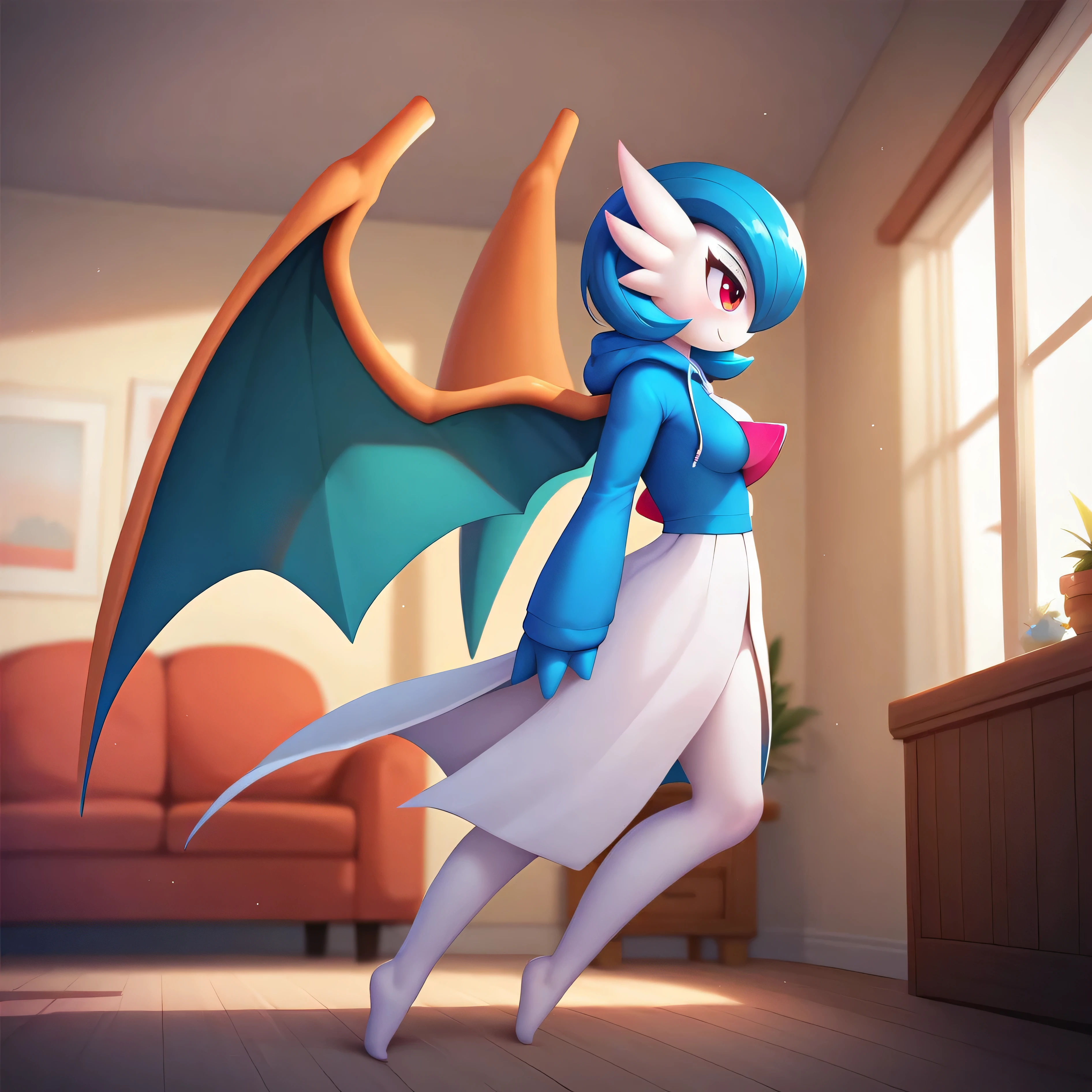 masterpiece:1.2, best quality, (highly detailed), score_9, score_8_up, score_7_up, full body shot, from side, gardevoirXL, charizard hoodie, no pants, in house, in living room, hero pose,