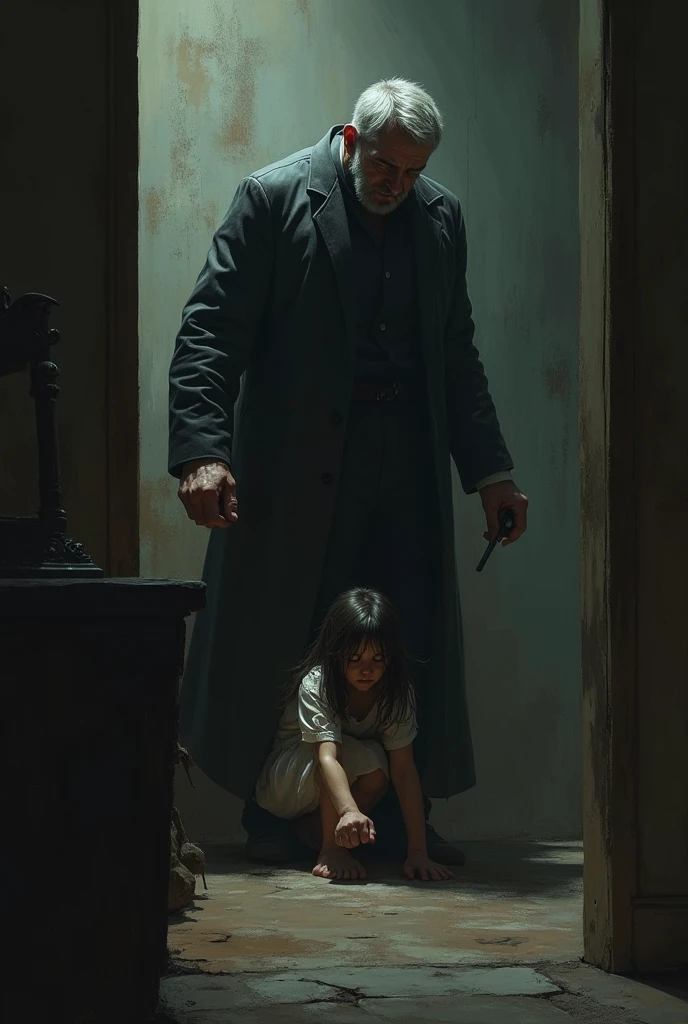 A man is holding a girl's hand, and he has a knife in his other hand. The girl is scared. the old house. horrors