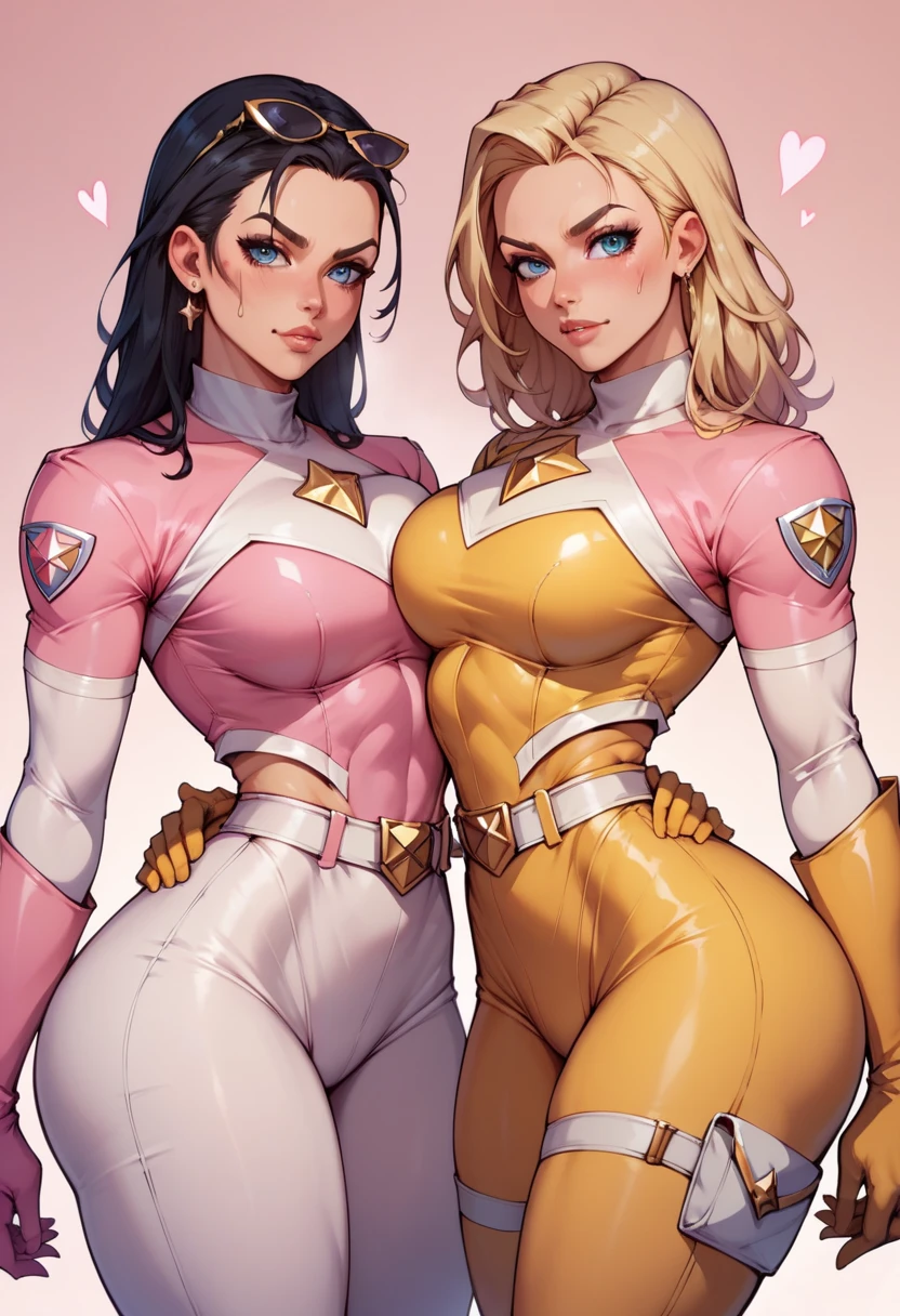 2 girls/duo,sexy busty female power rangers, wide hips ,perfect thighs, firm tits, one is wearing yellow outfit with long black hair,  one is wearing pink outfit with long blonde hair , (yellow ranger and pink ranger)