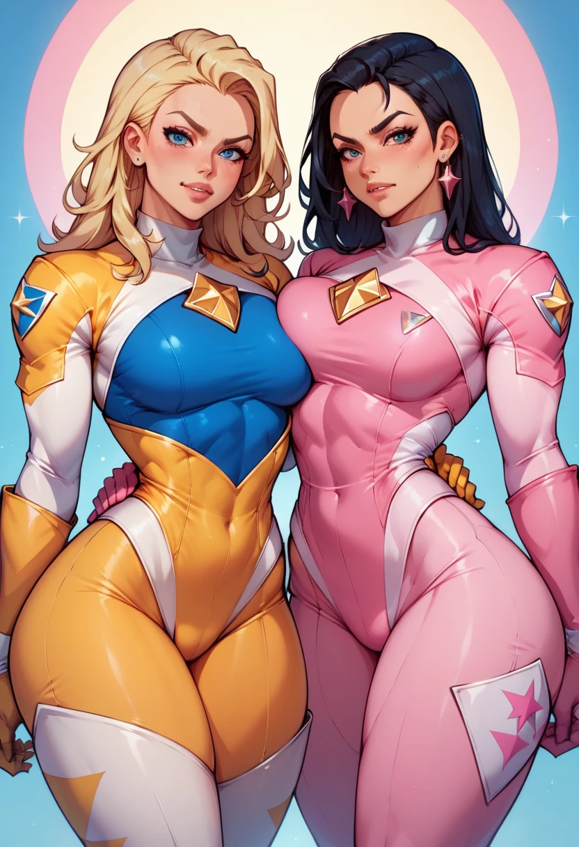 2 girls/duo,sexy busty female power rangers, wide hips ,perfect thighs, firm tits, one is wearing yellow outfit with long black hair,  one is wearing pink outfit with long blonde hair , (yellow ranger and pink ranger)