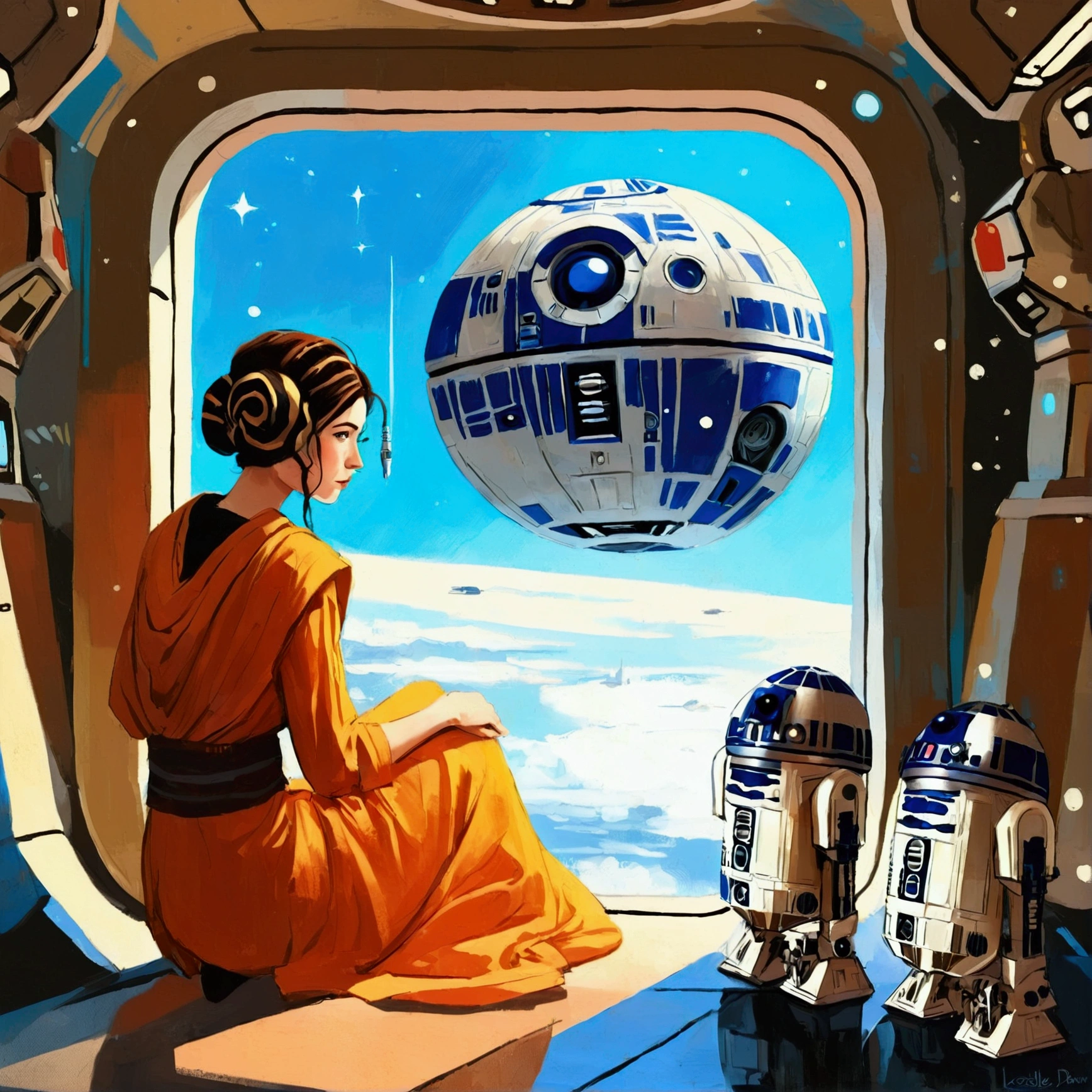  woman kneeling with two R2D2s in front of a spaceship window by Ross,  Star Wars Art ,  Star Wars Characters ,  Star Wars Digital Art by Rodelle Gonzalez ,  Lois Van Rothdraw ,  Star Wars Digital Art , rossdraws による, rossdraws による, Ross Tranにインスパイアされた, Female Jedi, Artgerm and Atey Ghailan ,  Star Wars Atmosphere 