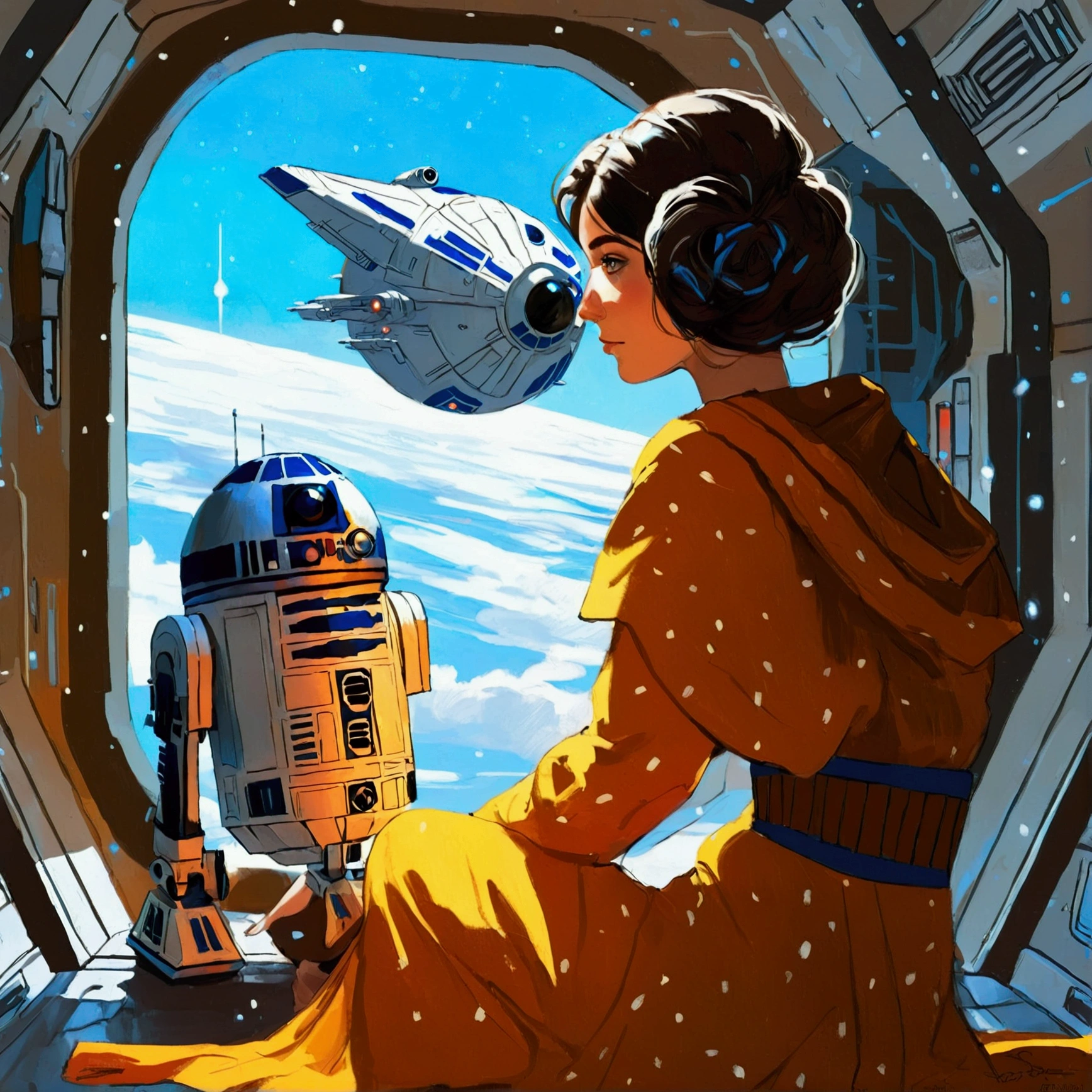  woman kneeling with two R2D2s in front of a spaceship window by Ross,  Star Wars Art ,  Star Wars Characters ,  Star Wars Digital Art by Rodelle Gonzalez ,  Lois Van Rothdraw ,  Star Wars Digital Art , rossdraws による, rossdraws による, Ross Tranにインスパイアされた, Female Jedi, Artgerm and Atey Ghailan ,  Star Wars Atmosphere 