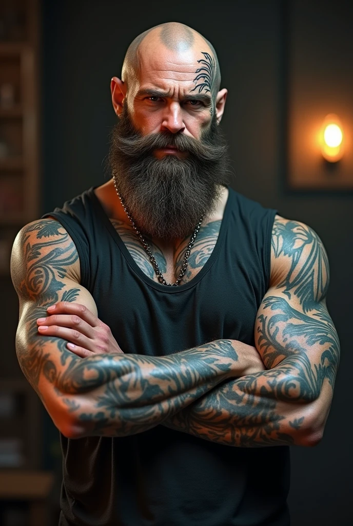 Muscular heavily tattooed mid 50s man with bushy beard selling man ...