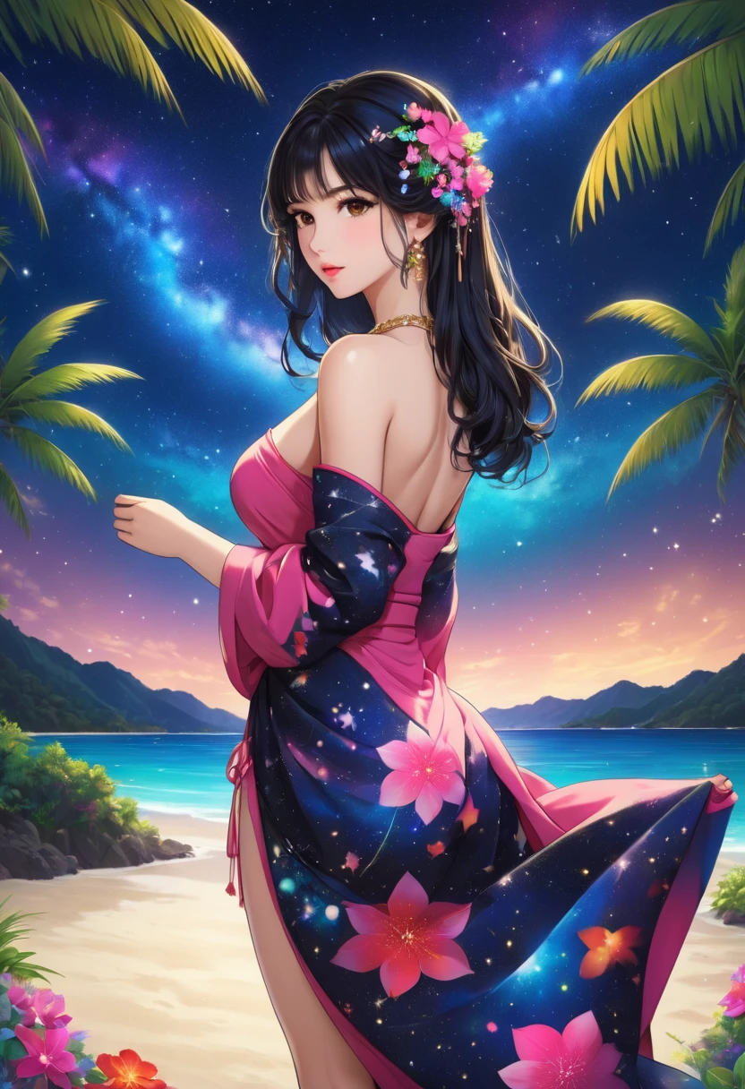 (masterpiece,  best quality, 8k,  high definition ),  one beautiful woman wrapped in hachimaki ,  beautiful face,  beautiful brown eyes , Beautiful pink lips,  black hair, Long Hair, look back, holding,  Long Sleeve ,  Necklaces ,  jewelry,  Colorful Dress,  has an anatomically accurate and beautiful figure, (whole body), flower,  palm trees, Night Sky,  starry sky , nebula, Twinkle Twinkle Little Star, A sandy beach with a view of the forest , A bright starry night,  Detailed Illustration Art , 