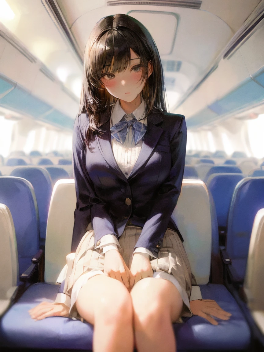 (masterpiece, highest quality:1.2),  1 girls, 
((flight attendant suit and skirt)),  (white garter belt) ,  (Aisle inside an airplane, passengers sitting),
, (eyes half closed),  (lots of drool), The body shakes violently,
 ((Hasselblad Photos)), [:(detailed face:1.2):0.2],
black hair ,