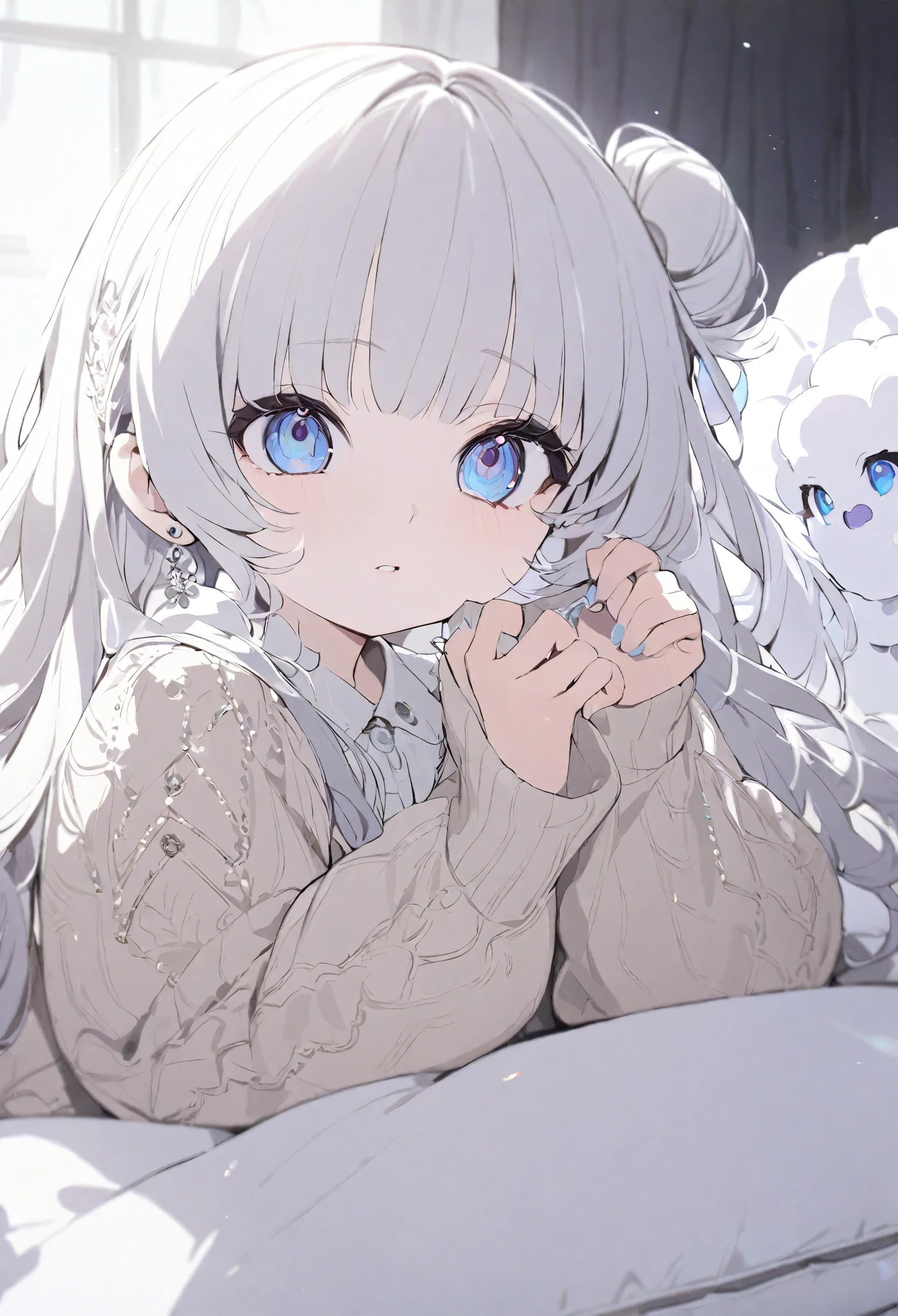 (( best quality)), ((masterpiece)), ( Familiar ),  perfect face, 1 girl, half up bun, twin hair, pearl white hair, cute, beautiful emphasis, long sleeve, fluffy puff sleeve, blue eyes, young face, detailed eyes, crease eyes, beige lace knit cardigan with silver earrings, sitting in a room on a cushion and stretching her legs reading a book