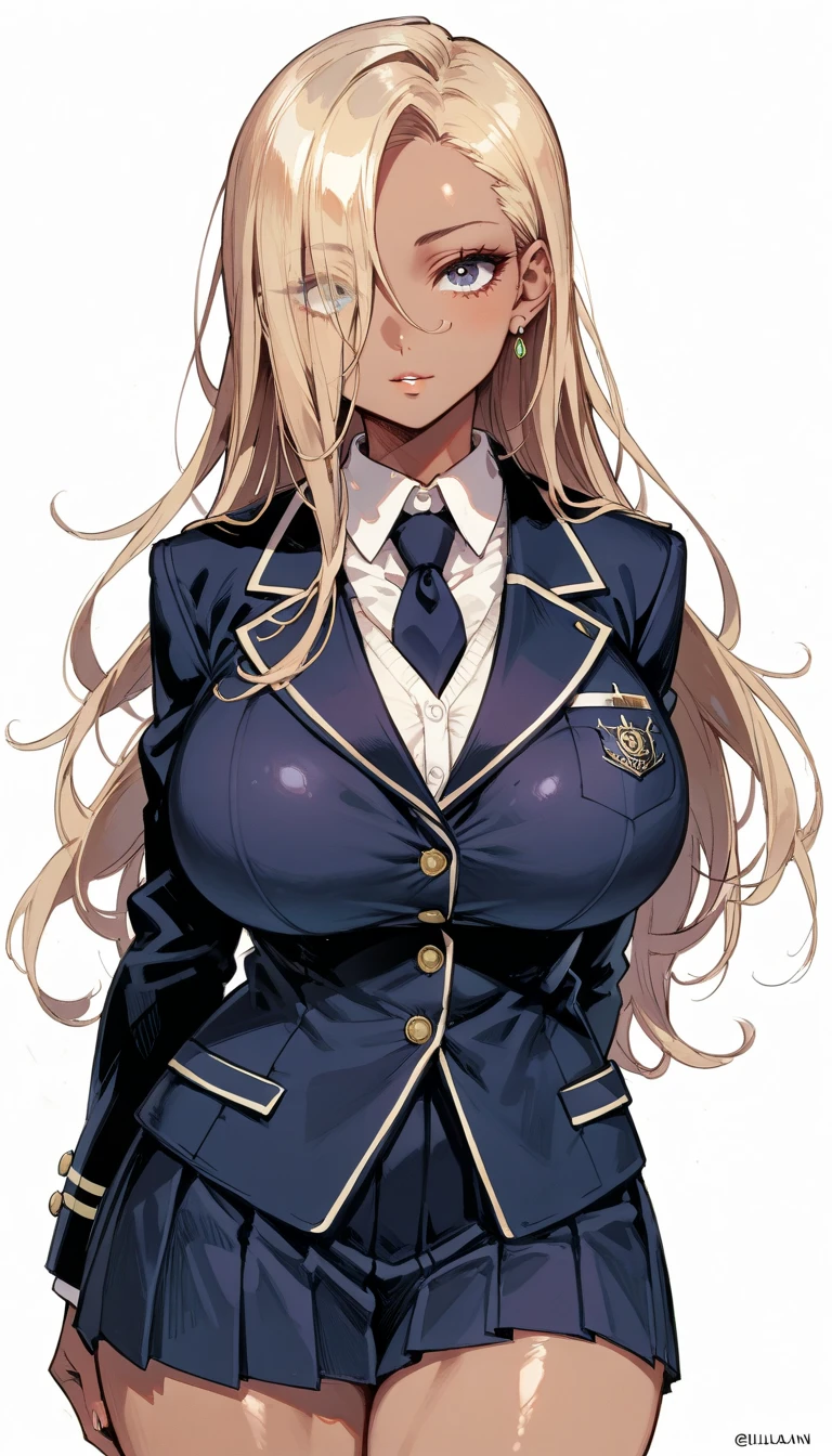 score_9, score_8_up, score_7_up,(hi-quality,high resolution),(brown skin:1.3),big eyes,Clear Eyes,Perfect Eyes,(forehead,long hair over one eye),((side parted hair)),Blonde,Long Hair,Straight Hair,Delinquent Girl,gal,((huge breasts)),((curvy)),(wide hip),(brown skin:1.3),jk,school uniform,cowboy shot,dynamic angle