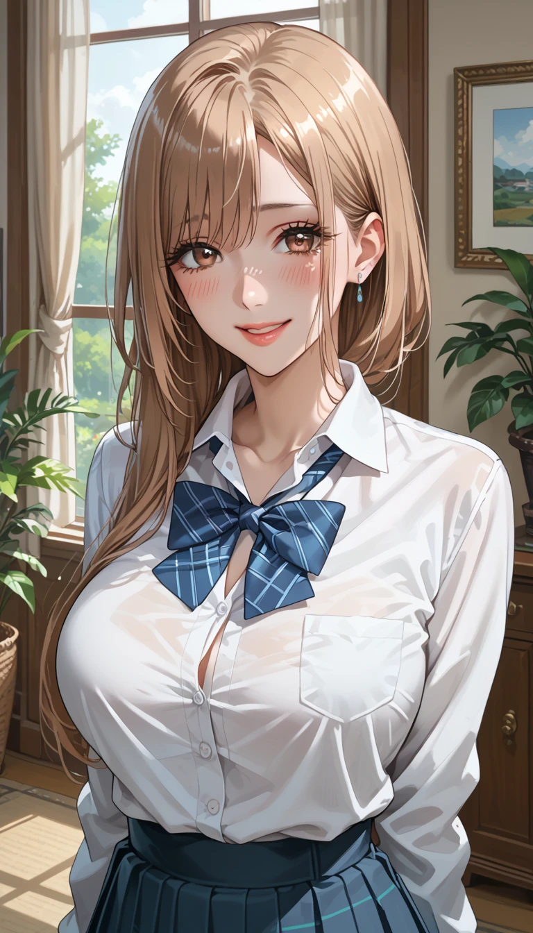 ,score_9, score_8_up, score_7_up, score_6_up, score_4,source_anime,masterpiece,best quality,beautiful detailed eyes, pale brown eyes ,beautiful detailed lips, extremely detailed eyes and face, long breasts, 1 woman,shy, Smile, school uniform, large breasts, tight waist, stylish body, room, ecstatic expression, flushed face, Take a picture of the back