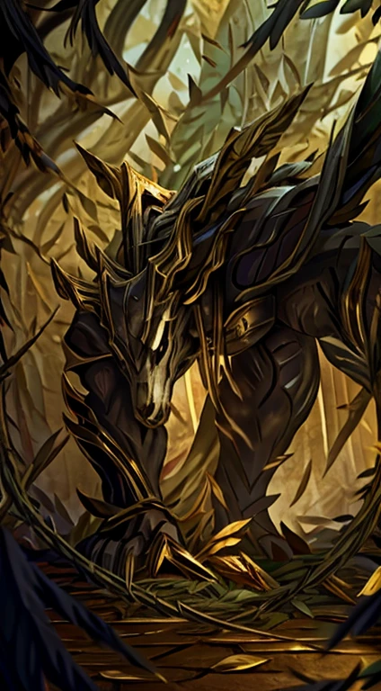 high quality, masterpiece, best detail, full-length, furry black wolf male in black armor with golden feathers and leaves, hands shrouded in golden light, summons vines with thorns from the ground