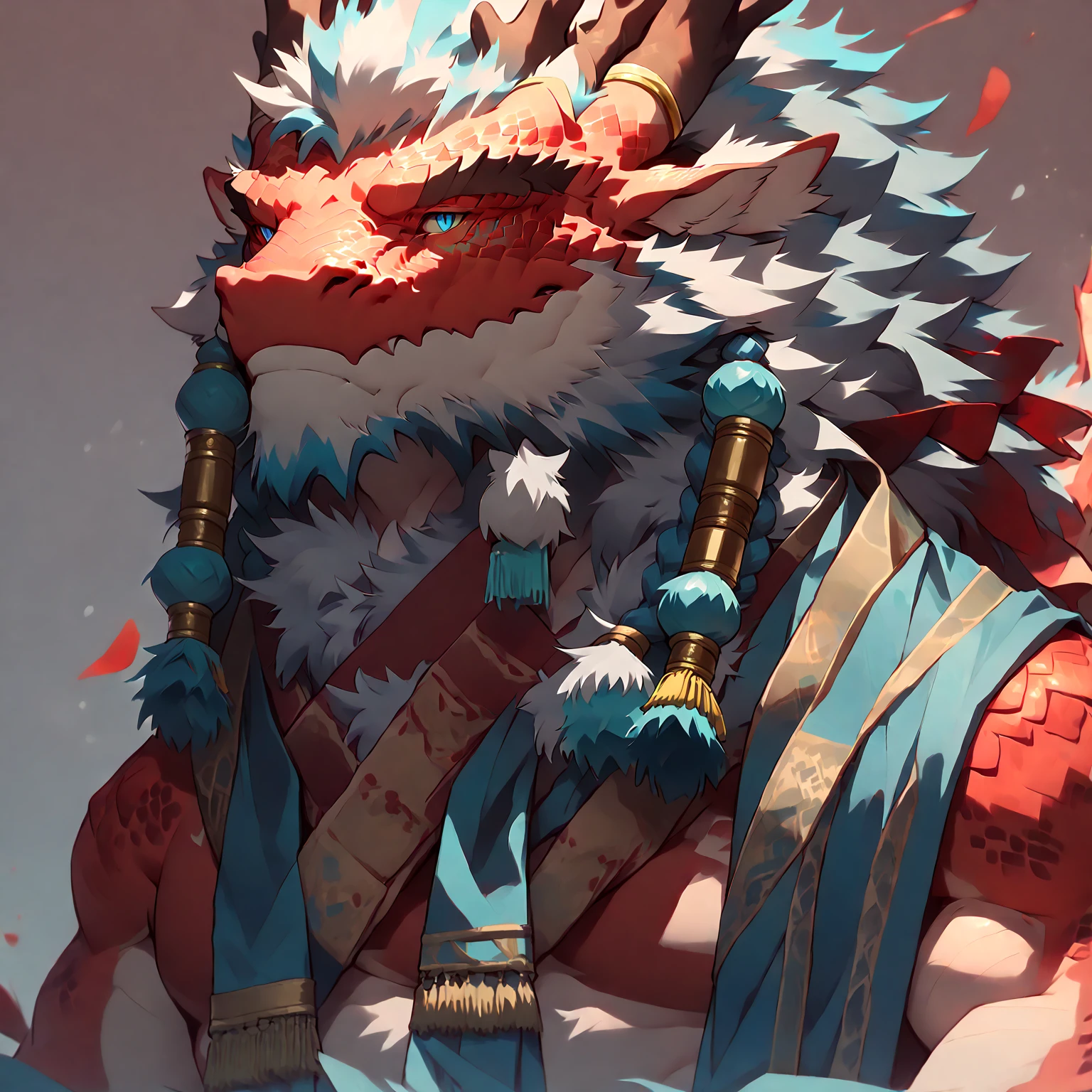 ### Main Character (High Priority)
(Eastern Dragon Furry:1.8), muscular mature male, masterpiece, (half body portrait:1.4)

### Dragon Features
(red scales:1.8), white belly scales, blue eyes, antlers, gray mane

### Background
solid color background