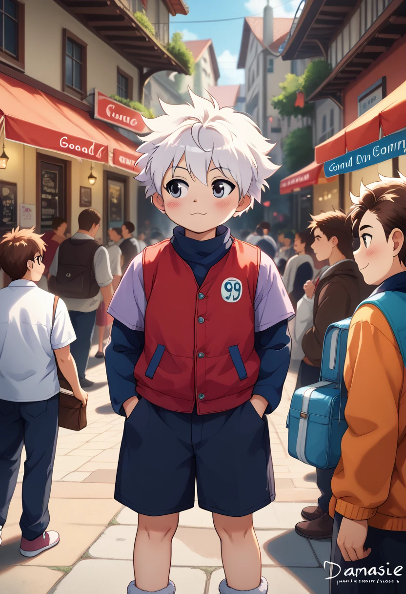 . good illustration,town,clip of anime,detail real texture, (dagasi).,killua , (Detailed texture rich contrast). Nice illustration.,,shota,short height  body. Cute killua boy.,dynamic angle,looking  at away,,(clothes ,. 
,)detail eyes,,,white hair,slender body,cute face.