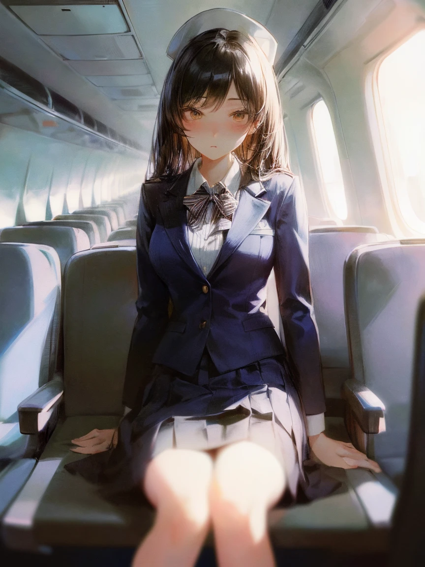 (masterpiece, highest quality:1.2),  1 girls, 
((flight attendant suit and skirt)),  (white garter belt) ,  (Aisle inside an airplane, passengers sitting), The flight attendant is standing alone in the aisle ,
, (eyes half closed),  (lots of drool), The body shakes violently,
 ((Hasselblad Photos)), [:(detailed face:1.2):0.2],
black hair ,