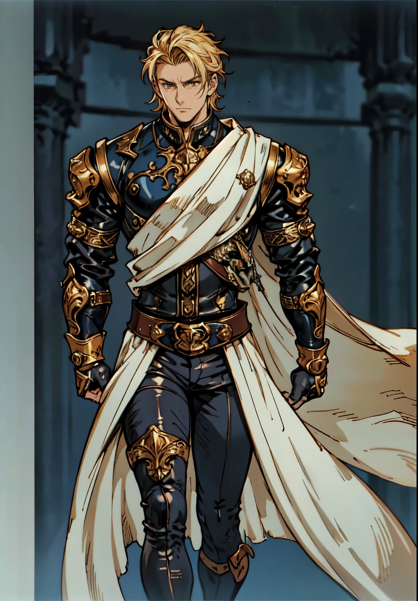 (masterpiece:1.2, best quality:1.2, extremely delicate:1.2), ((male:1.5)), a middle-aged man with short tousled golden hair, deep-set eyes, sharply defined features, serious expression, luxurious yellow-and-white fantasy-style composite silk satin top, silk ribbon cape around the upper body, small metallic shoulder pads, fabric gloves, a belt adorned with metallic gear decorations, dark hem, white fabric trousers, strolling in a medieval fantasy-style city, this character embodies a finely crafted fantasy-style nobleman in anime style, exquisite and mature manga art style, dramatic, high definition, highres, ultra-detailed, ultra-fine painting, professional, perfect body proportions, golden ratio, anatomically correct, symmetrical face, extremely detailed eyes and face, high quality eyes, creativity, RAW photo, UHD, 32k, Natural light, cinematic lighting, (masterpiece-anatomy-perfect:1.2)