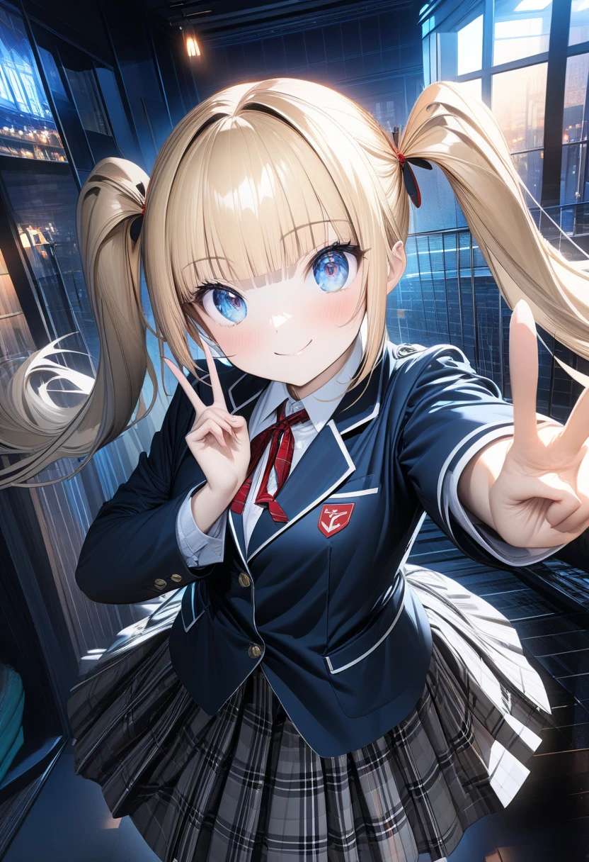 {{{Masterpiece, ultra detailed, 8k, best quality, novel illustration}}} 1girl, student uniform, plaid skirt , slender, Blonde, twin tails, blunt bangs, cute eyes, ultra detailed face,  blue eyes , nice smile, hand peace sign, black thighhighs, A bustling restaurant at night, white panties